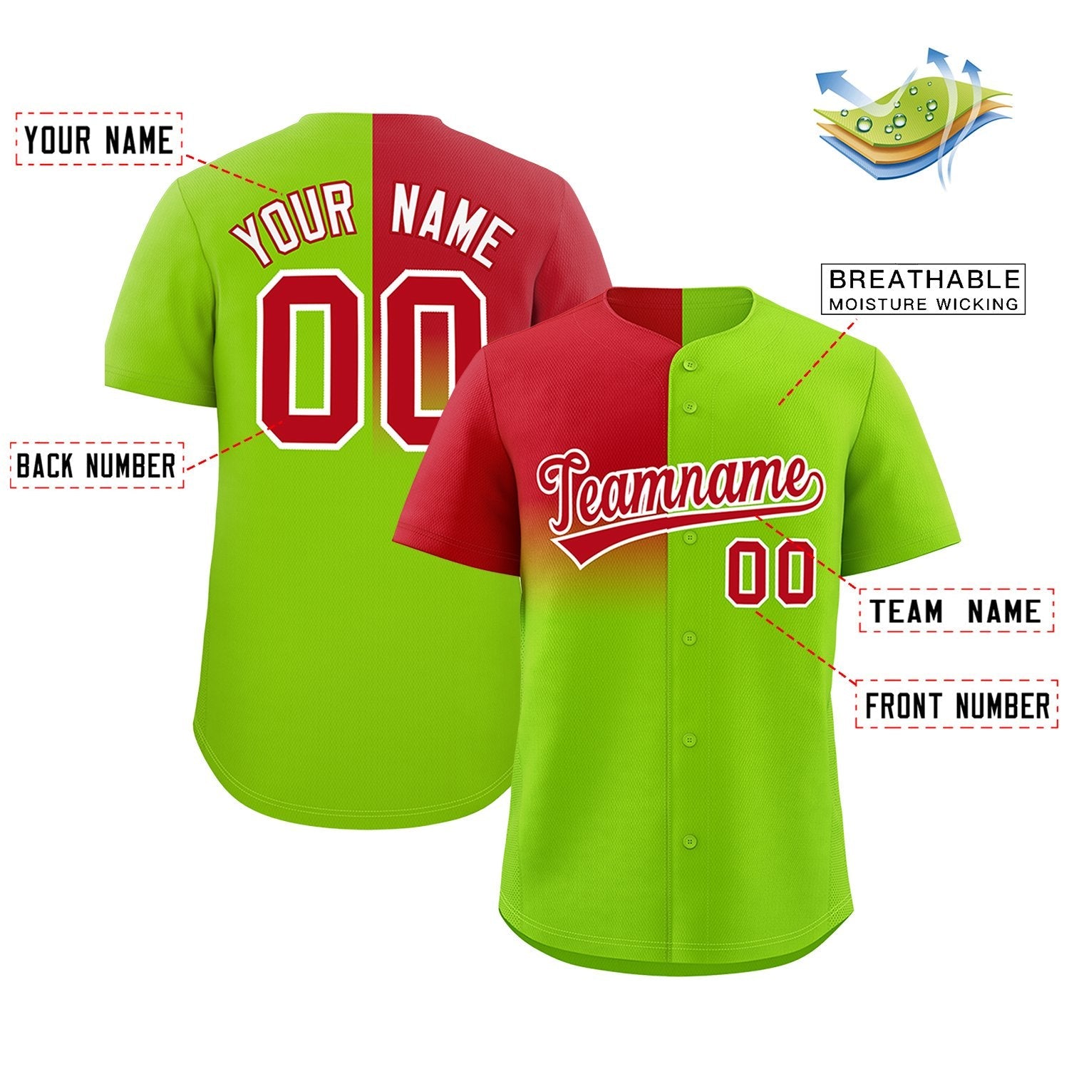 Custom Neon Green Red Personalized Half Gradient Design Authentic Baseball Jersey