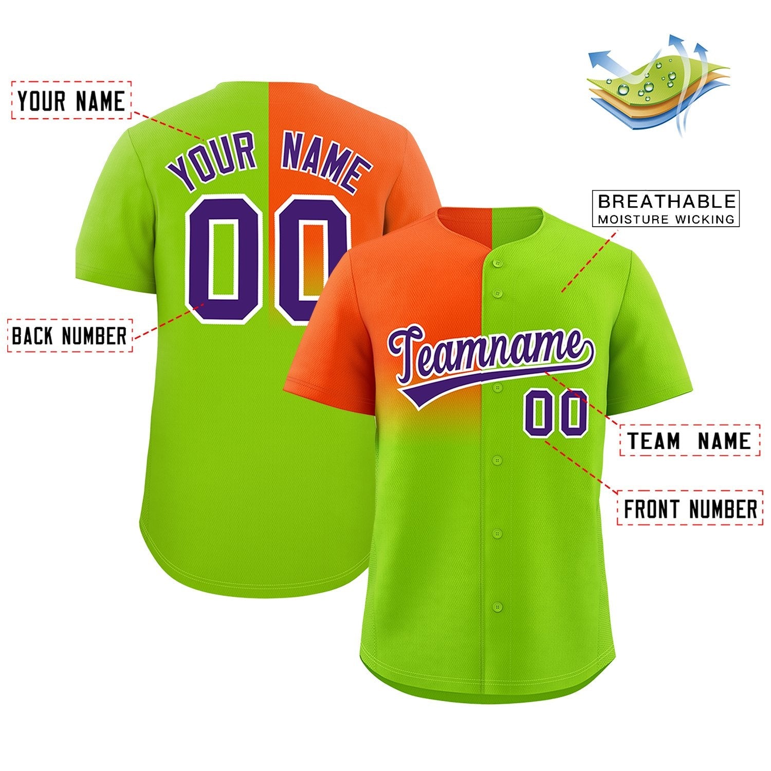 Custom Neon Green Orange Personalized Half Gradient Design Authentic Baseball Jersey