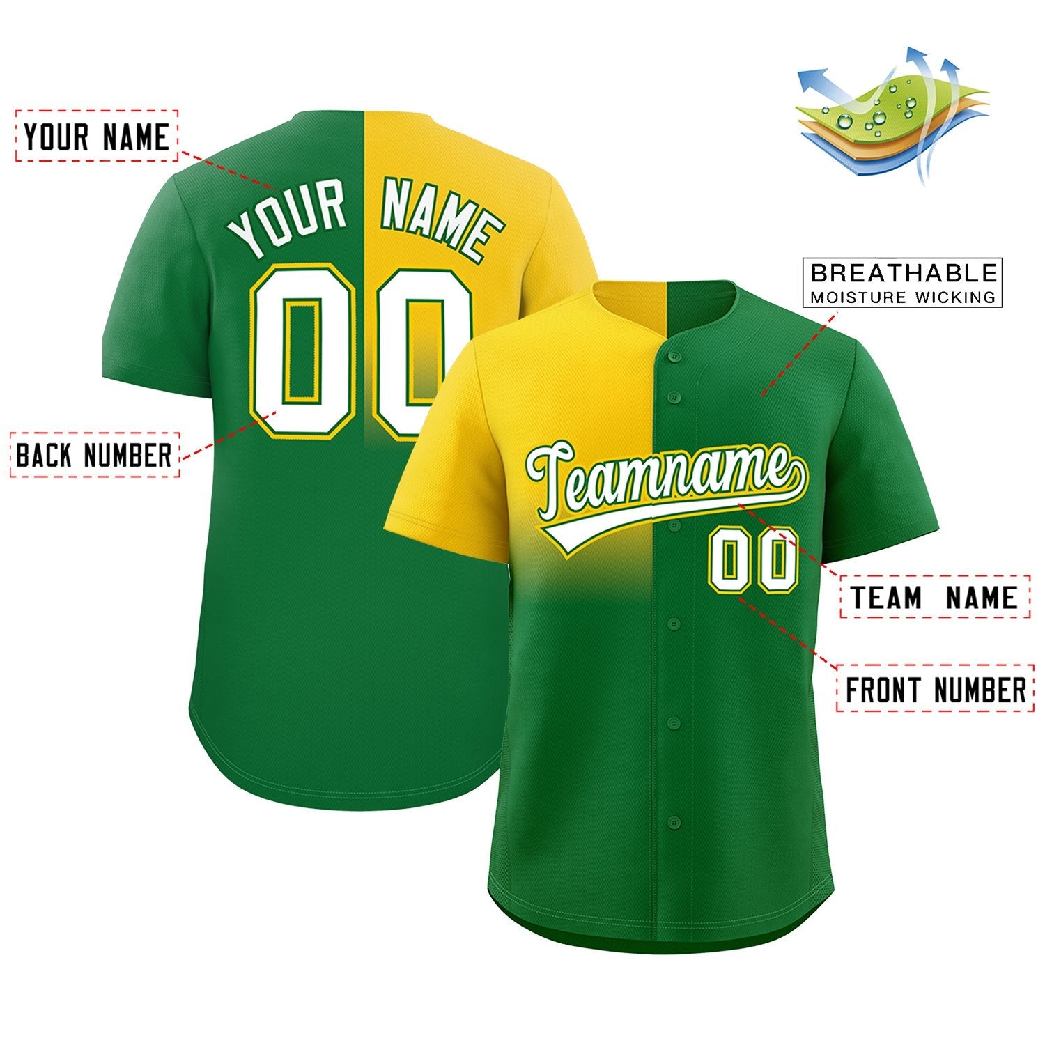 Custom Kelly Green Gold Personalized Half Gradient Design Authentic Baseball Jersey