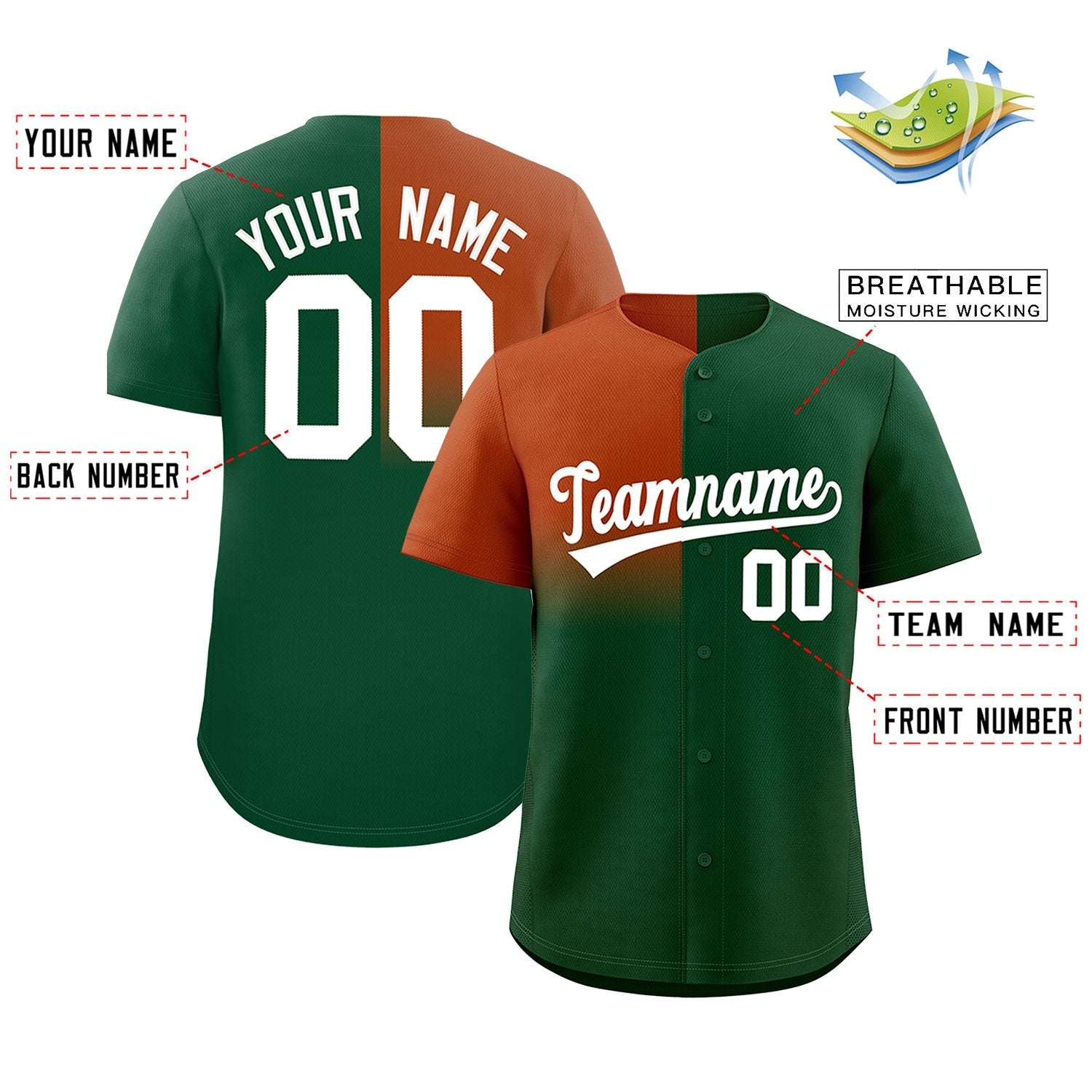 Custom Green Texas Orange Personalized Half Gradient Design Authentic Baseball Jersey