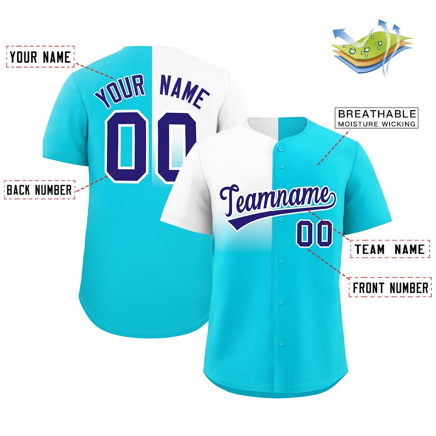 Custom Sky Blue White Personalized Half Gradient Design Authentic Baseball Jersey