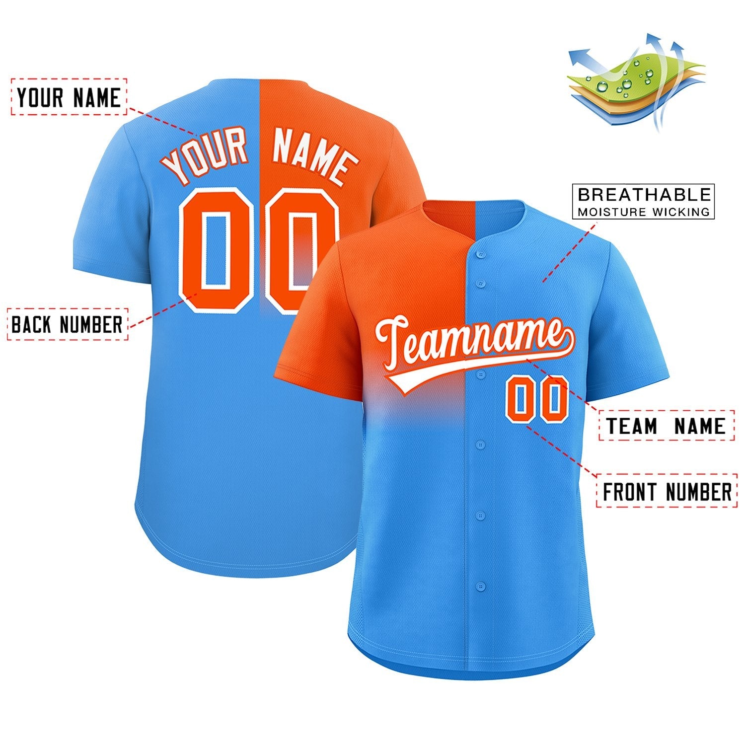 Custom Powder Blue Orange Personalized Half Gradient Design Authentic Baseball Jersey