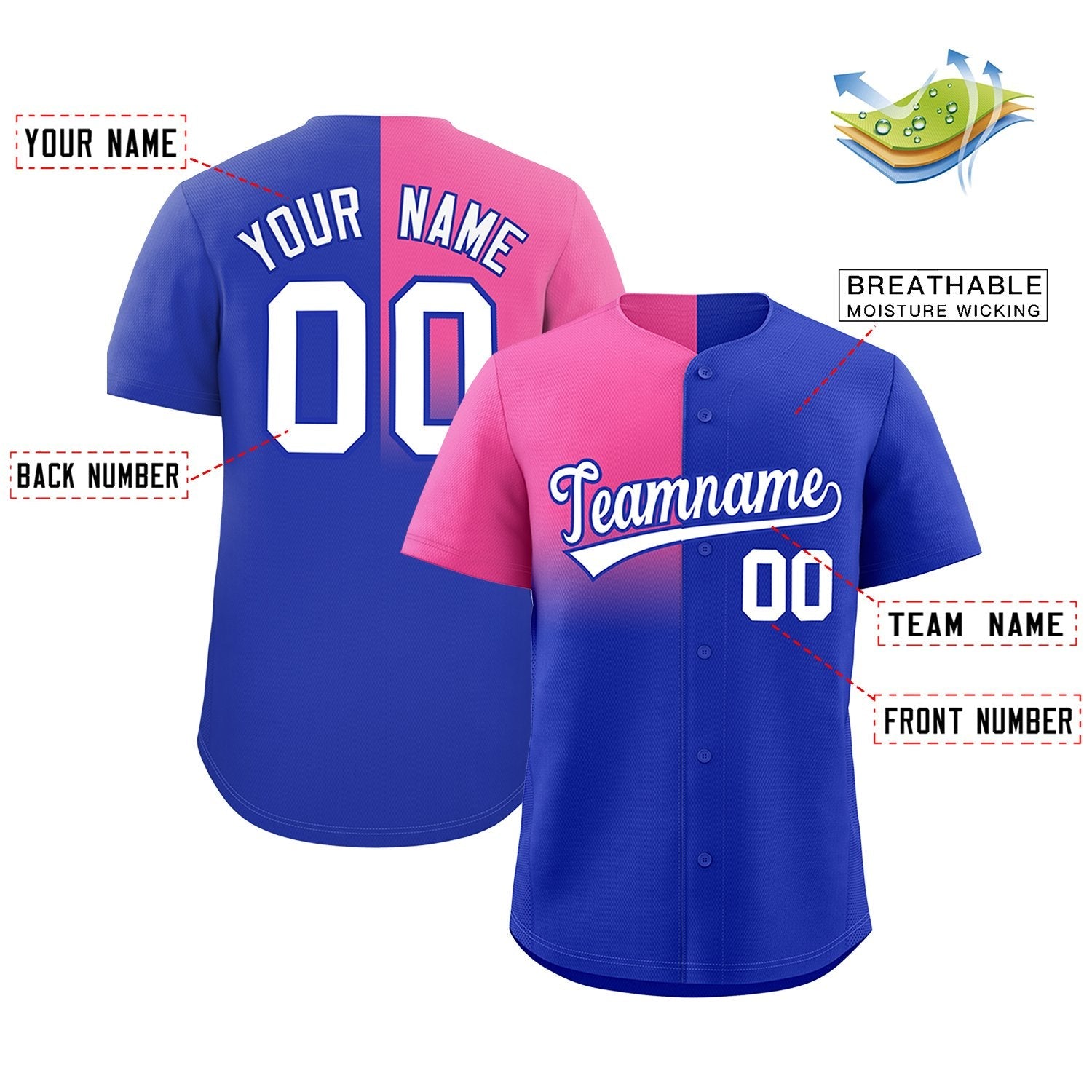 Custom Royal Pink Personalized Half Gradient Design Authentic Baseball Jersey