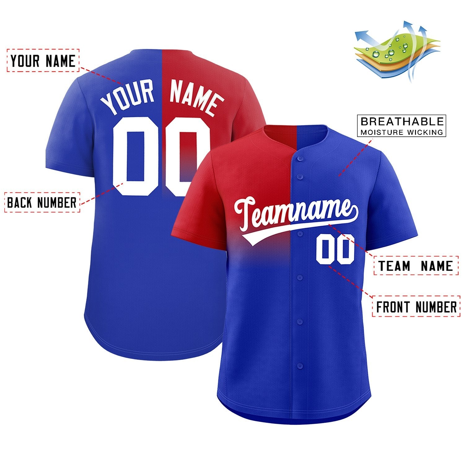 Custom Royal Red Personalized Half Gradient Design Authentic Baseball Jersey