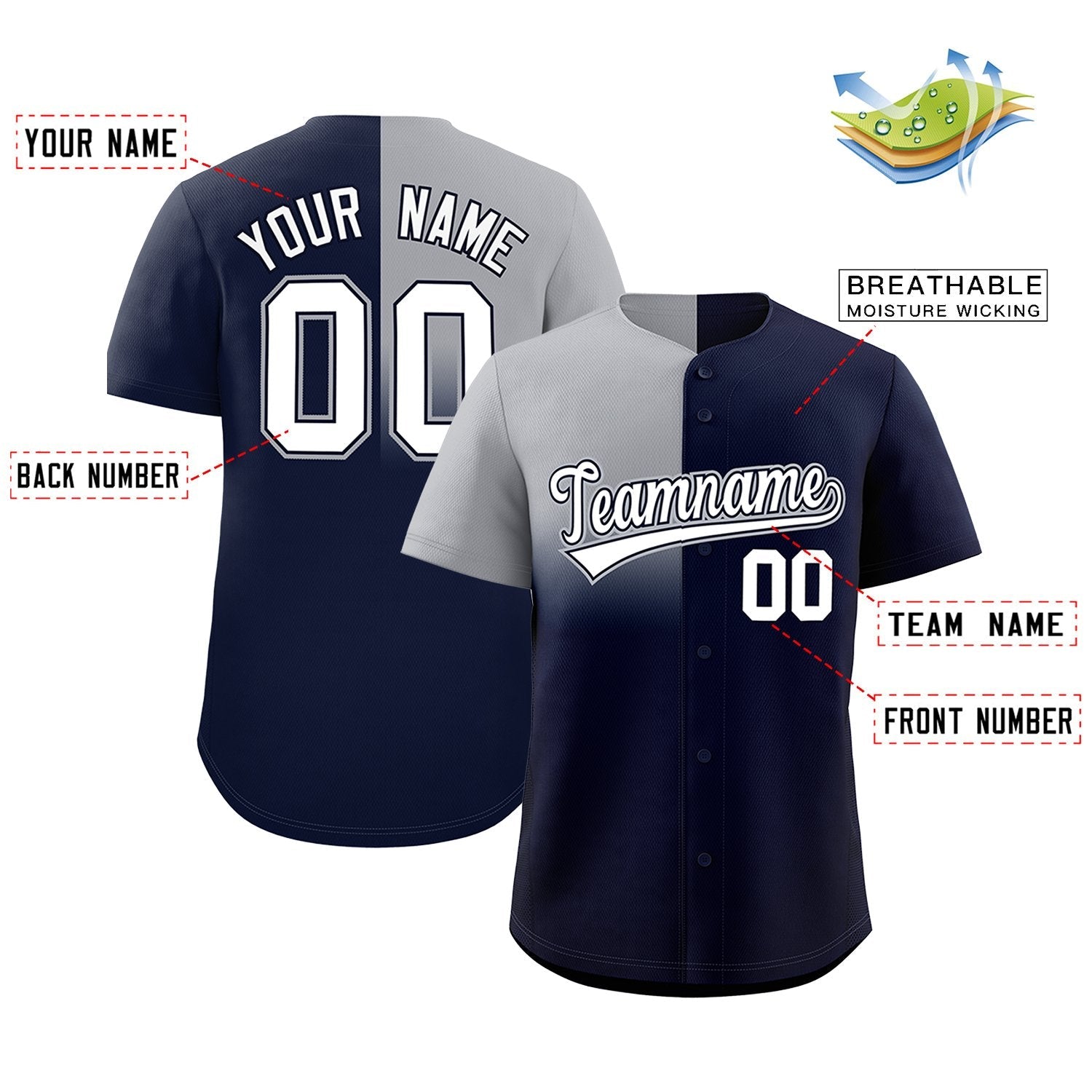 Custom Navy Gray Personalized Half Gradient Design Authentic Baseball Jersey