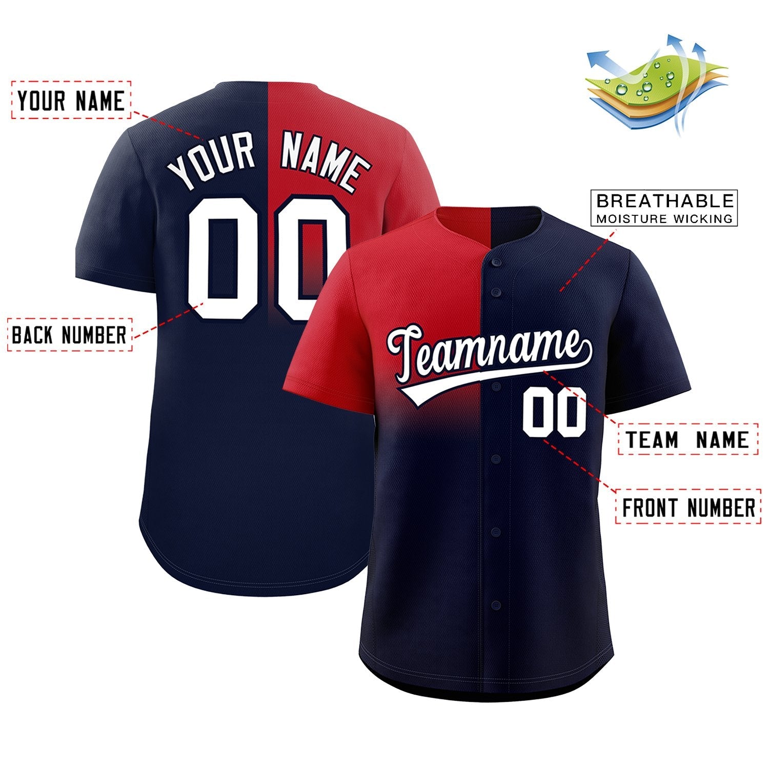 Custom Navy Red Personalized Half Gradient Design Authentic Baseball Jersey