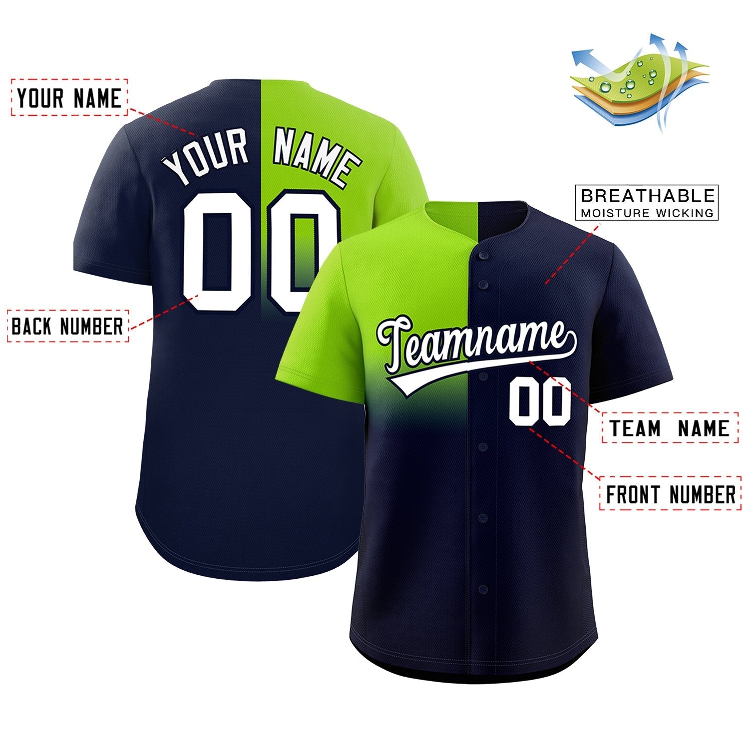 Custom Navy Neon Green Personalized Half Gradient Design Authentic Baseball Jersey