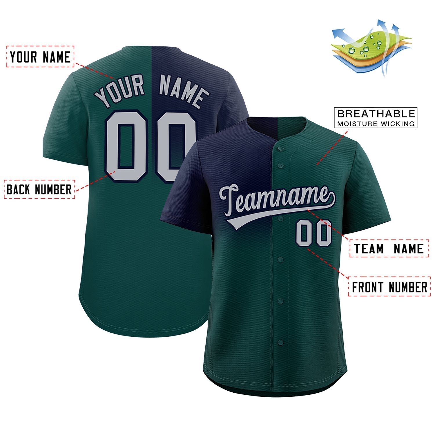 Custom Midnight Green Navy Personalized Half Gradient Design Authentic Baseball Jersey