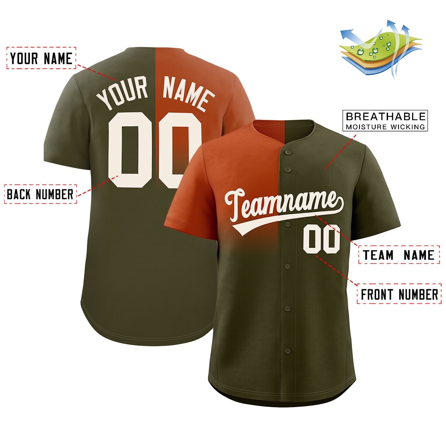 Custom Olive Texas Orange Personalized Half Gradient Design Authentic Baseball Jersey