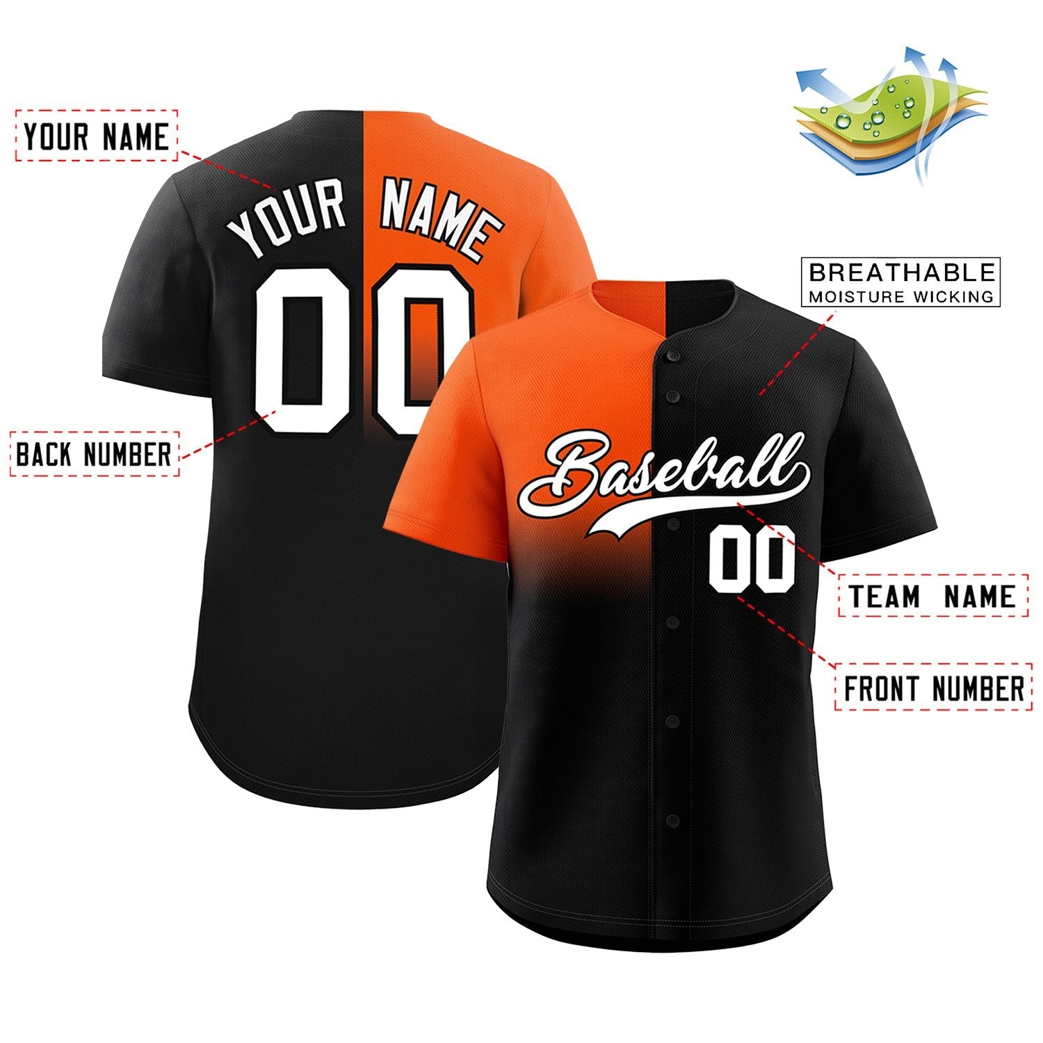 Custom Black Orange Personalized Half Gradient Design Authentic Baseball Jersey