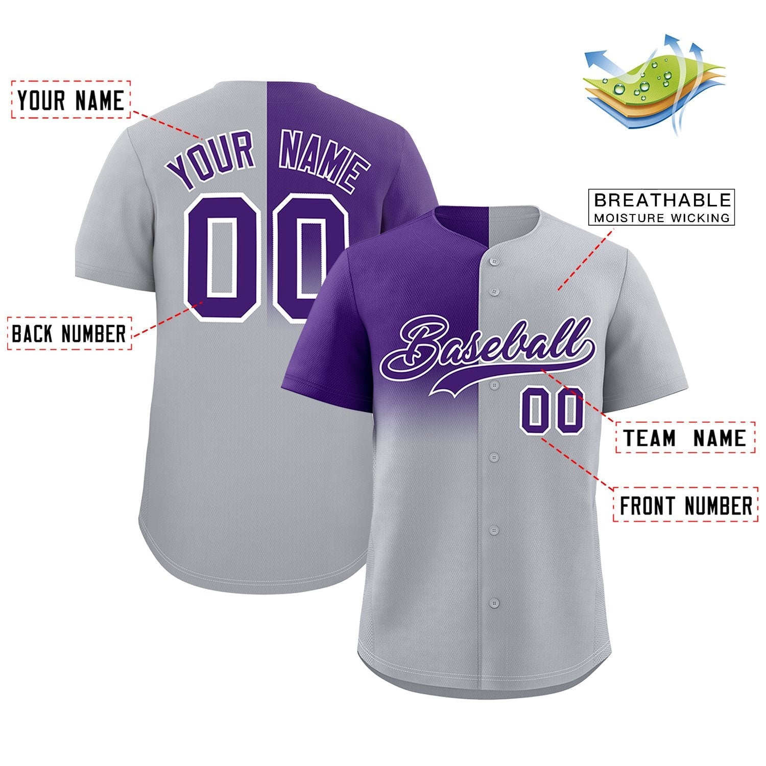 Custom Gray Purple Personalized Half Gradient Design Authentic Baseball Jersey