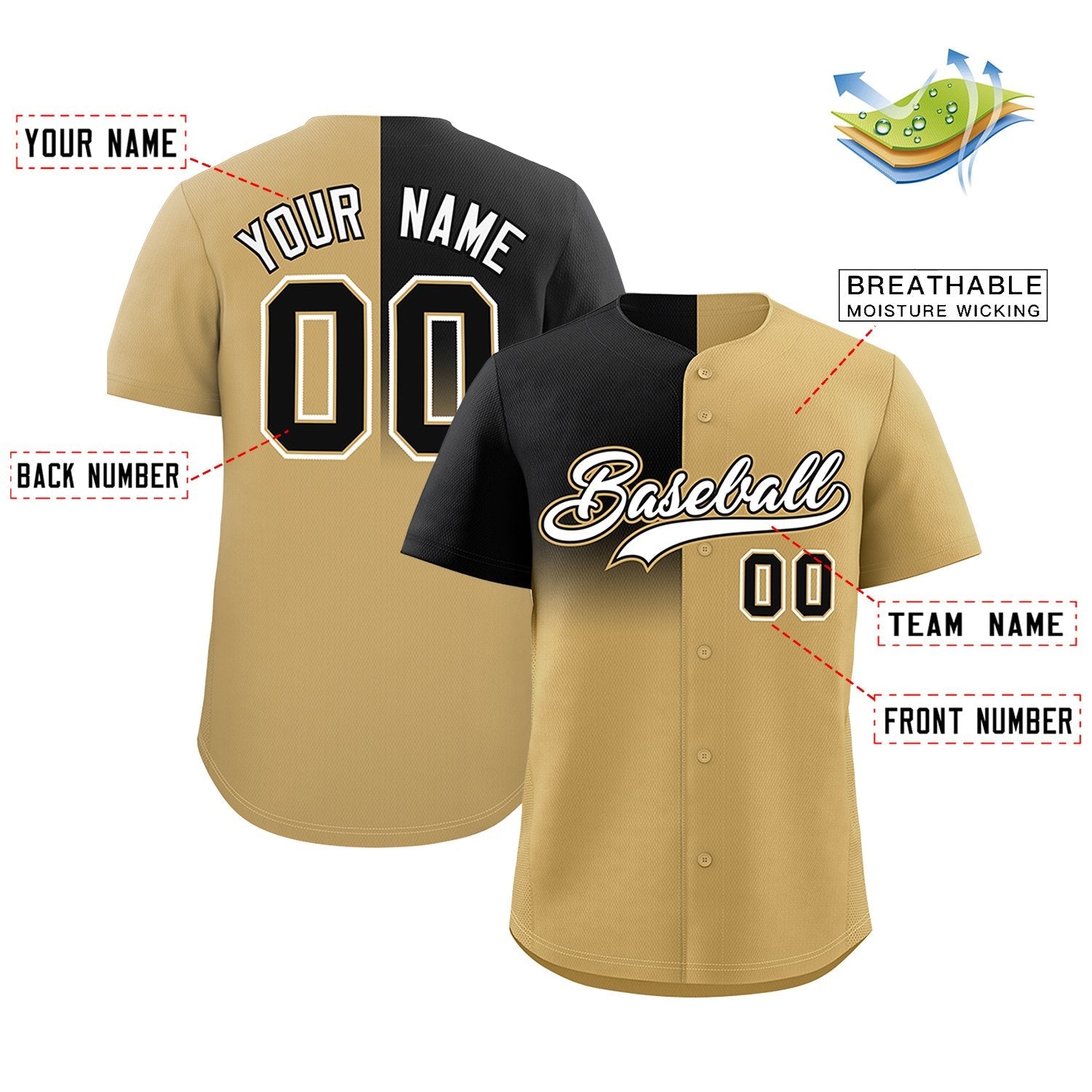 Custom Old Gold Black Personalized Half Gradient Design Authentic Baseball Jersey