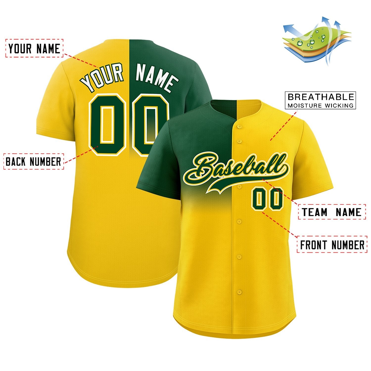 Custom Gold Green Personalized Half Gradient Design Authentic Baseball Jersey