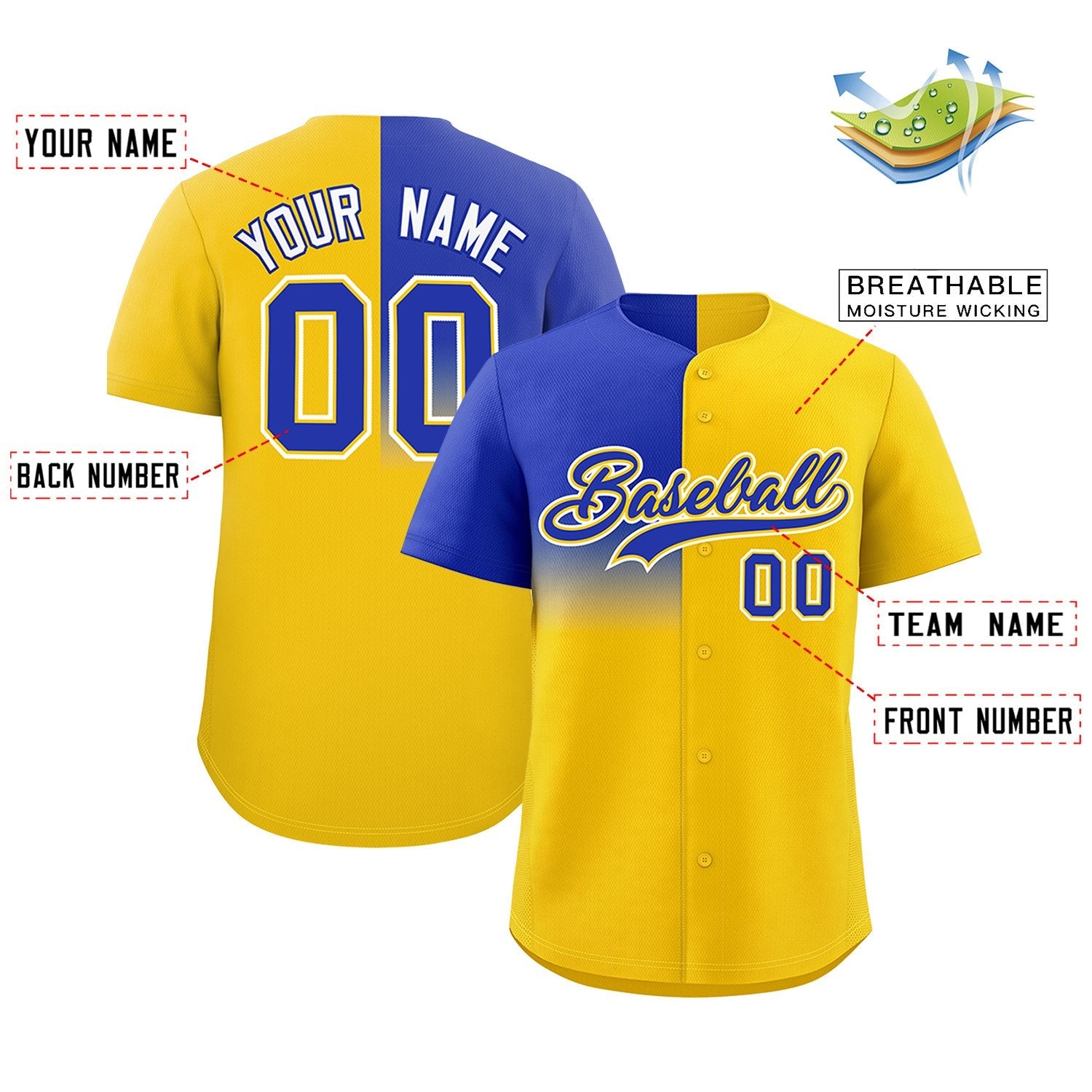 Custom Gold Royal Personalized Half Gradient Design Authentic Baseball Jersey