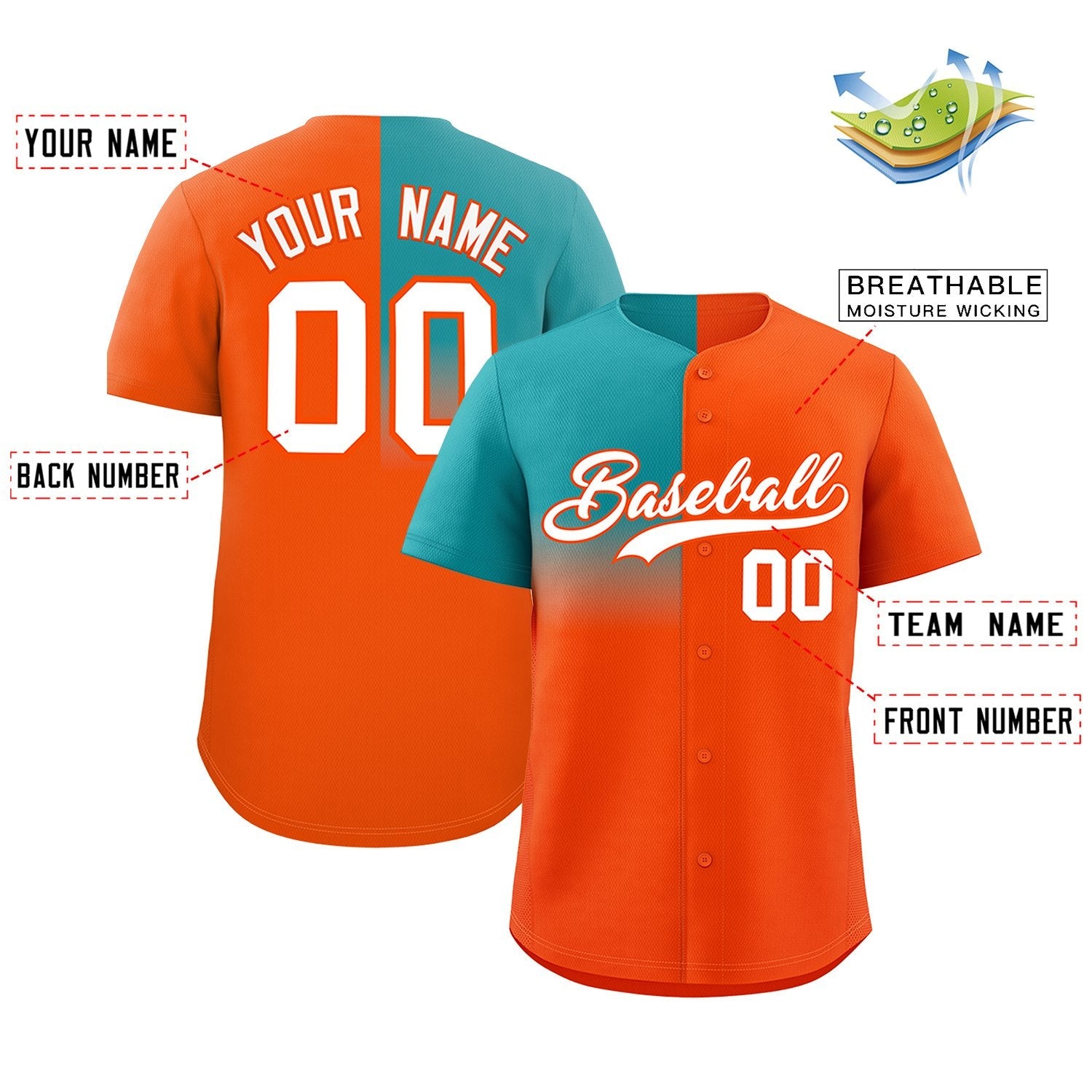 Custom Orange Aqua Personalized Half Gradient Design Authentic Baseball Jersey