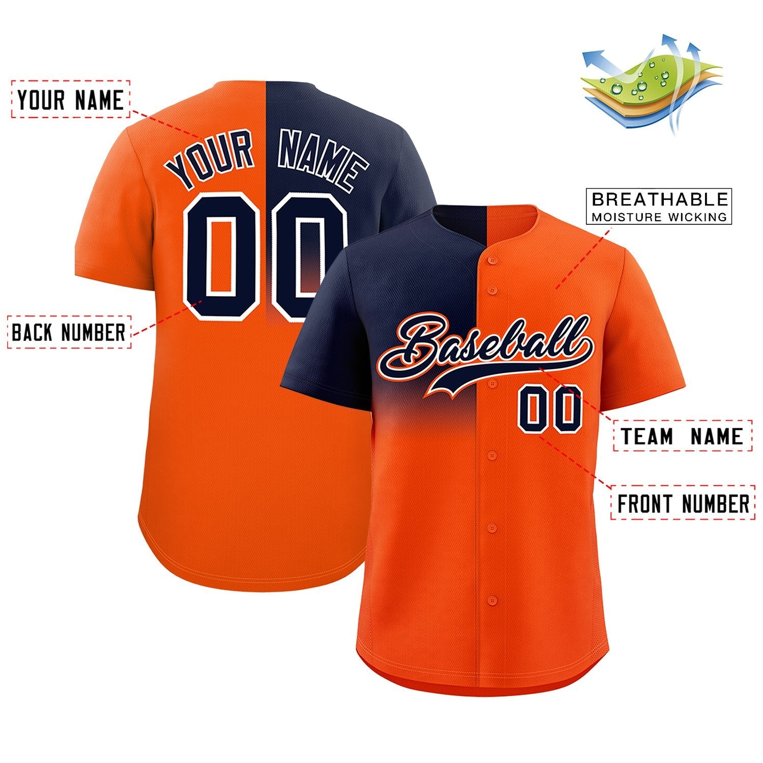 Custom Orange Navy Personalized Half Gradient Design Authentic Baseball Jersey