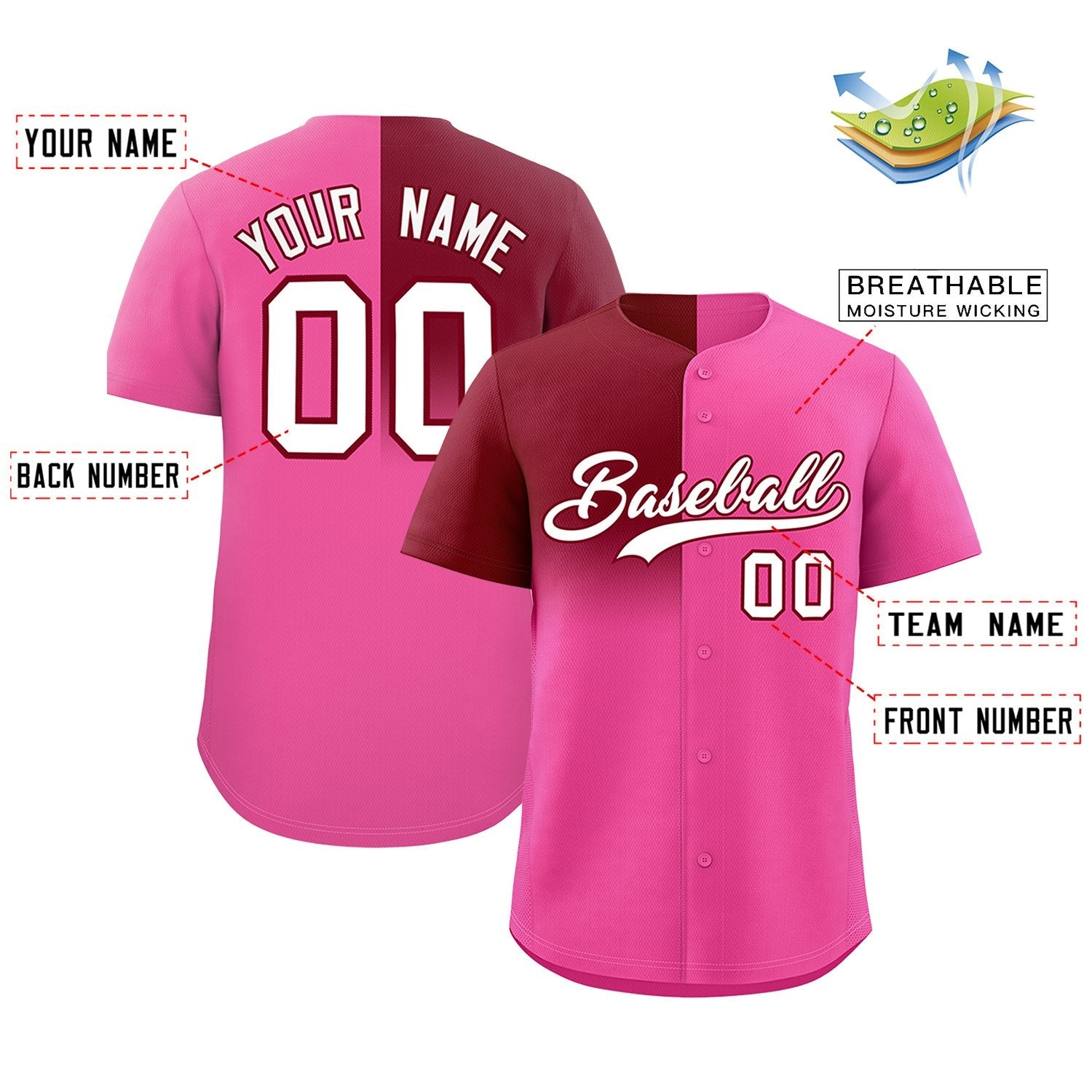 Custom Pink Crimson Personalized Half Gradient Design Authentic Baseball Jersey