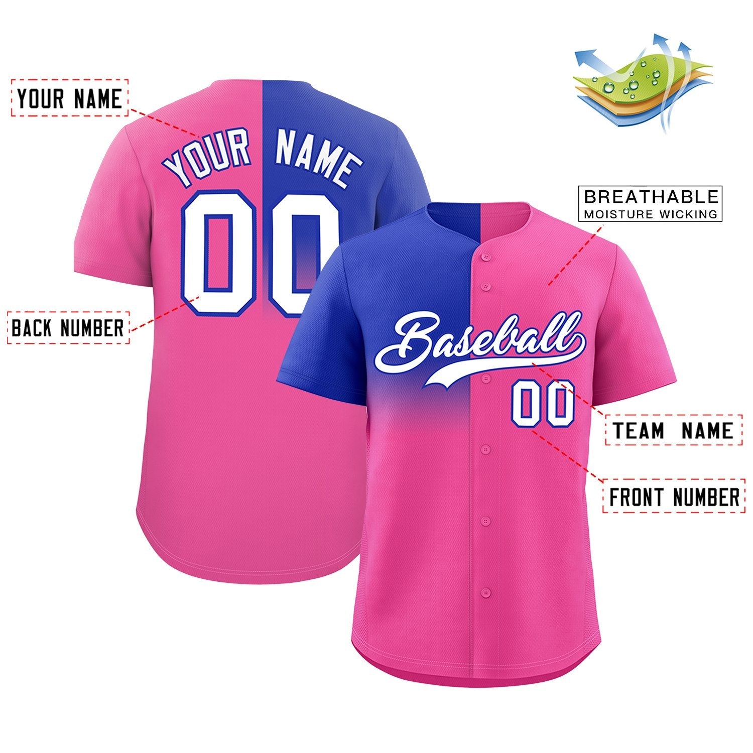 Custom Pink Royal Personalized Half Gradient Design Authentic Baseball Jersey