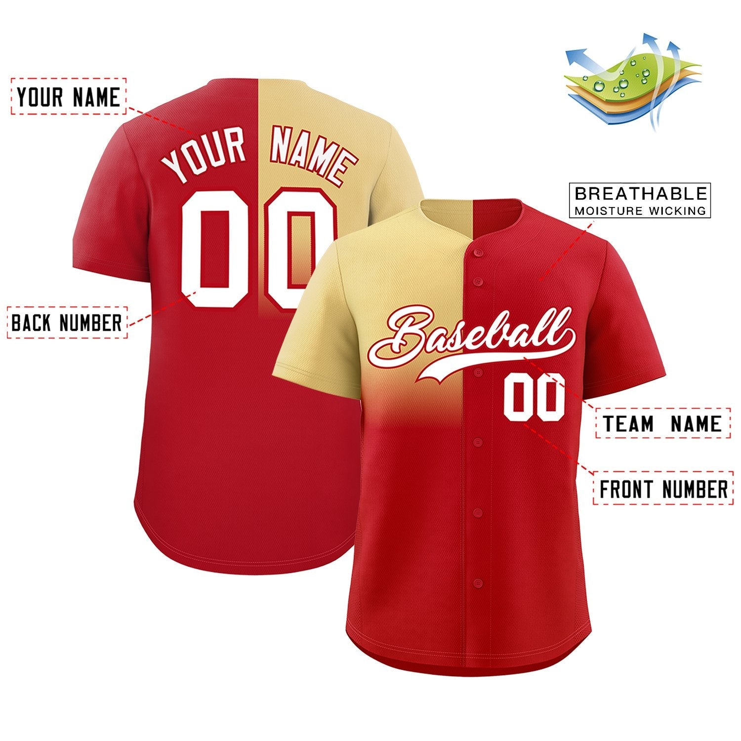 Custom Red Khaki Personalized Half Gradient Design Authentic Baseball Jersey