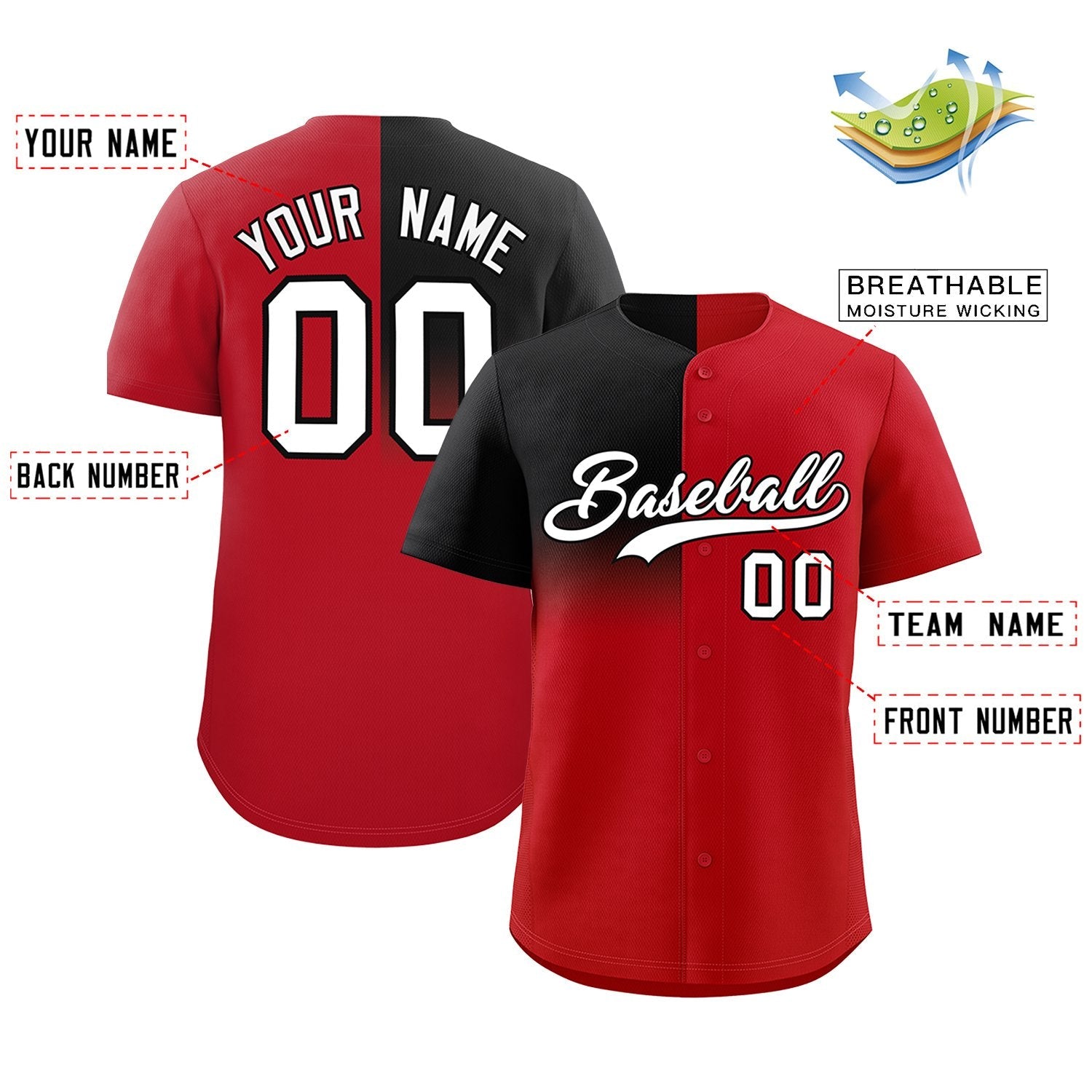 Custom Red Black Personalized Half Gradient Design Authentic Baseball Jersey