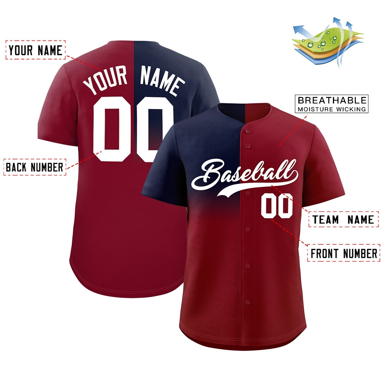 Custom Crimson Navy Personalized Half Gradient Design Authentic Baseball Jersey