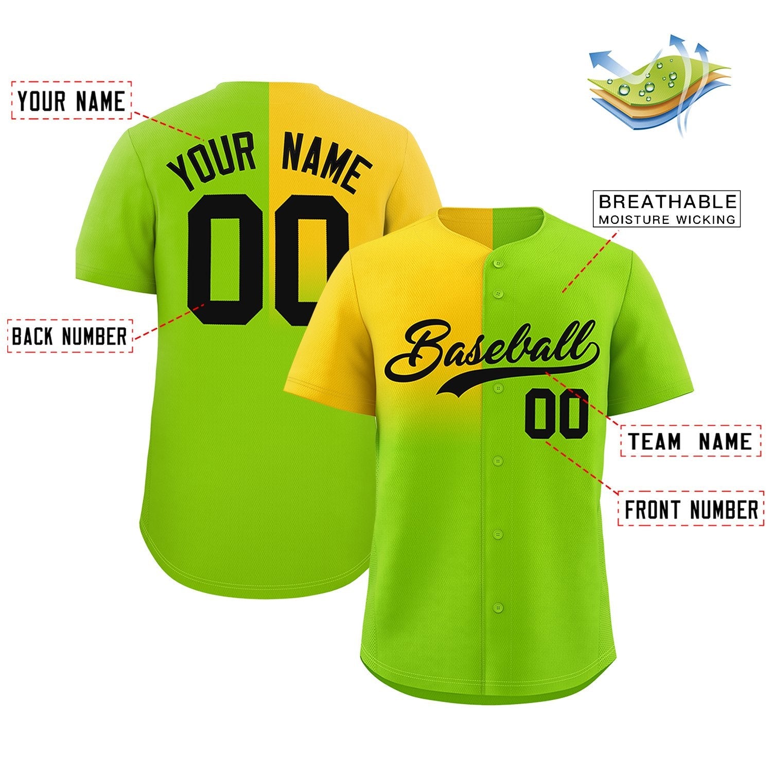 Custom Neon Green Gold Personalized Half Gradient Design Authentic Baseball Jersey