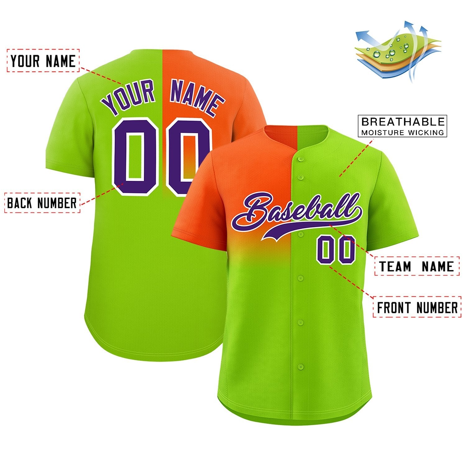 Custom Neon Green Orange Personalized Half Gradient Design Authentic Baseball Jersey