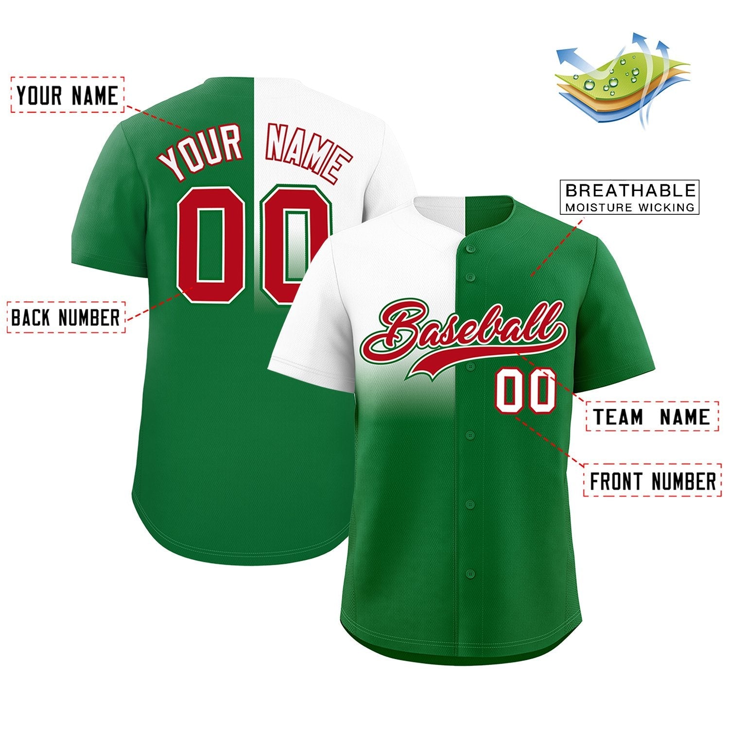 Custom Kelly Green White Personalized Half Gradient Design Authentic Baseball Jersey