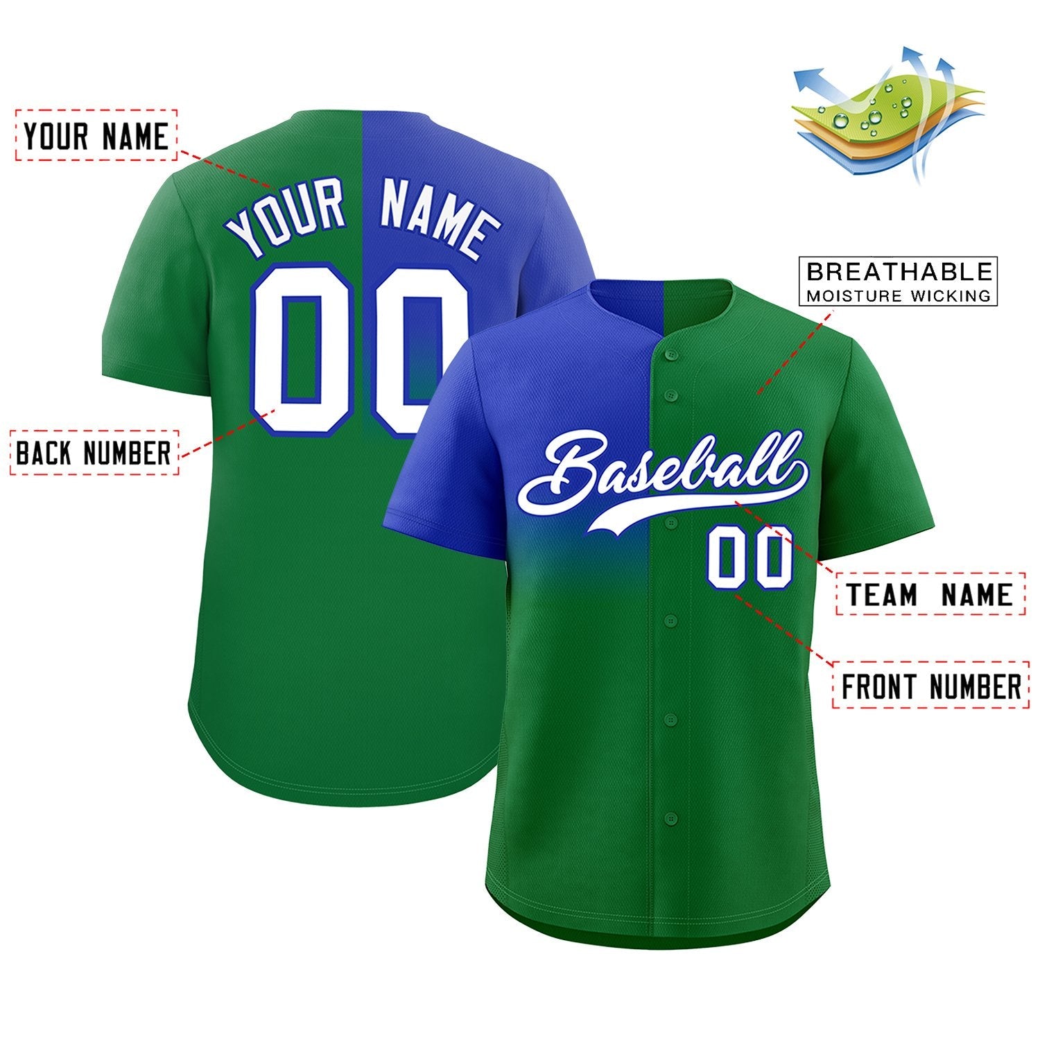 Custom Kelly Green Royal Personalized Half Gradient Design Authentic Baseball Jersey