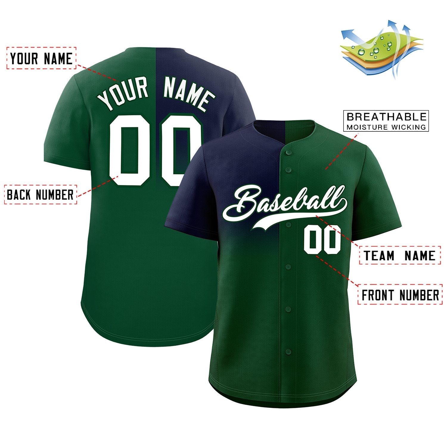 Custom Green Navy Personalized Half Gradient Design Authentic Baseball Jersey