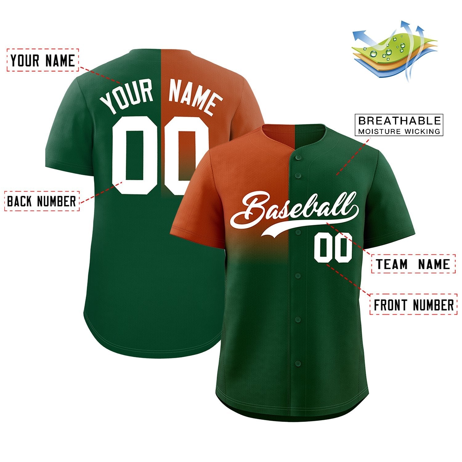 Custom Green Texas Orange Personalized Half Gradient Design Authentic Baseball Jersey