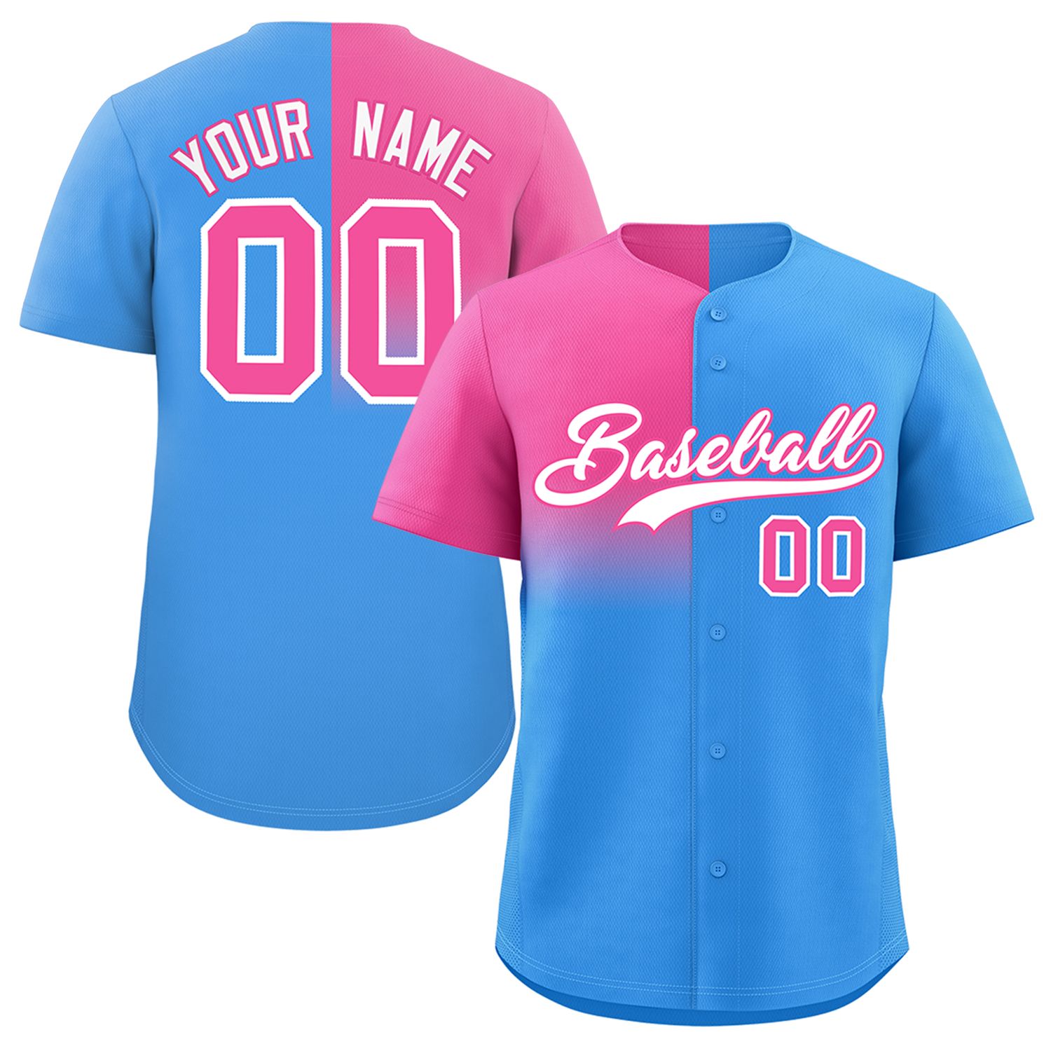 Custom Powder Blue Pink Personalized Half Gradient Design Authentic Baseball Jersey