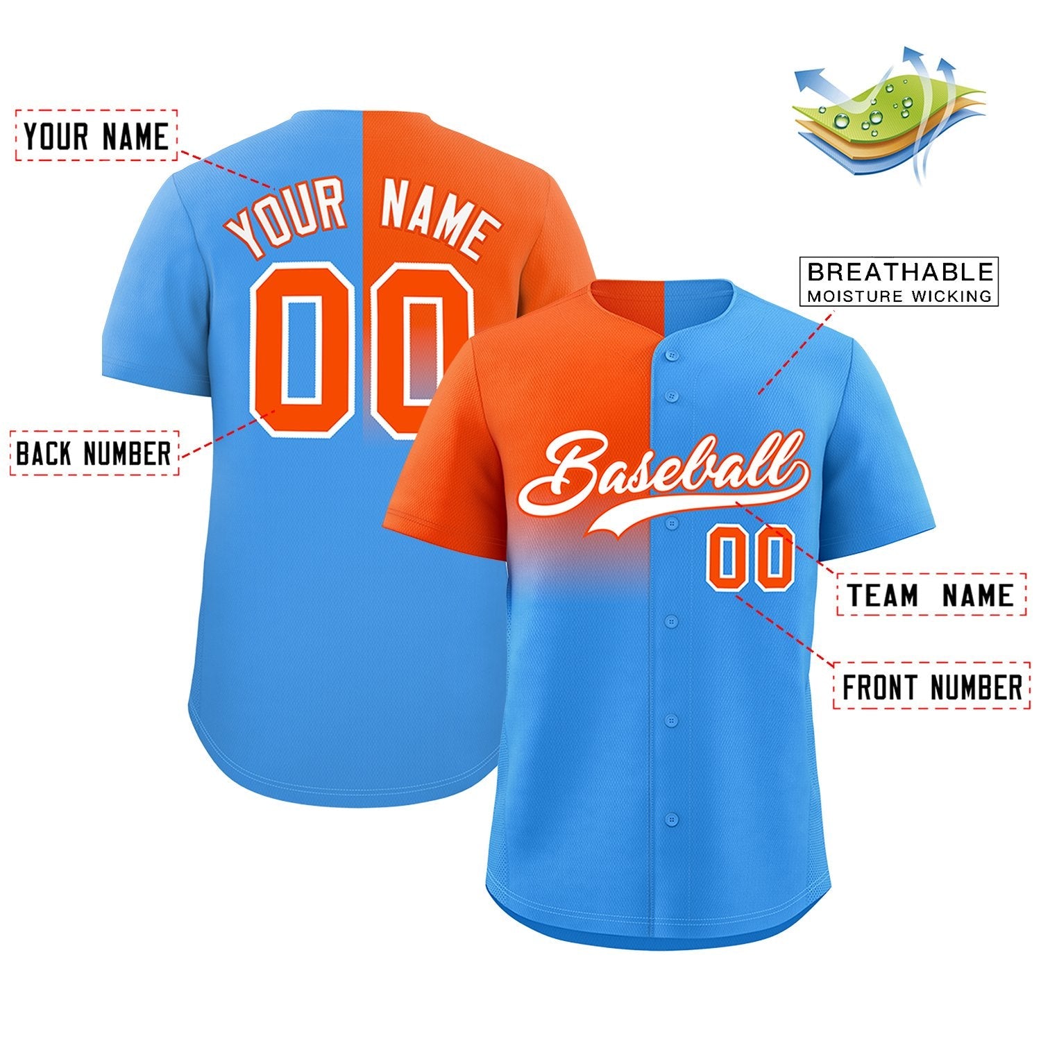 Custom Powder Blue Orange Personalized Half Gradient Design Authentic Baseball Jersey