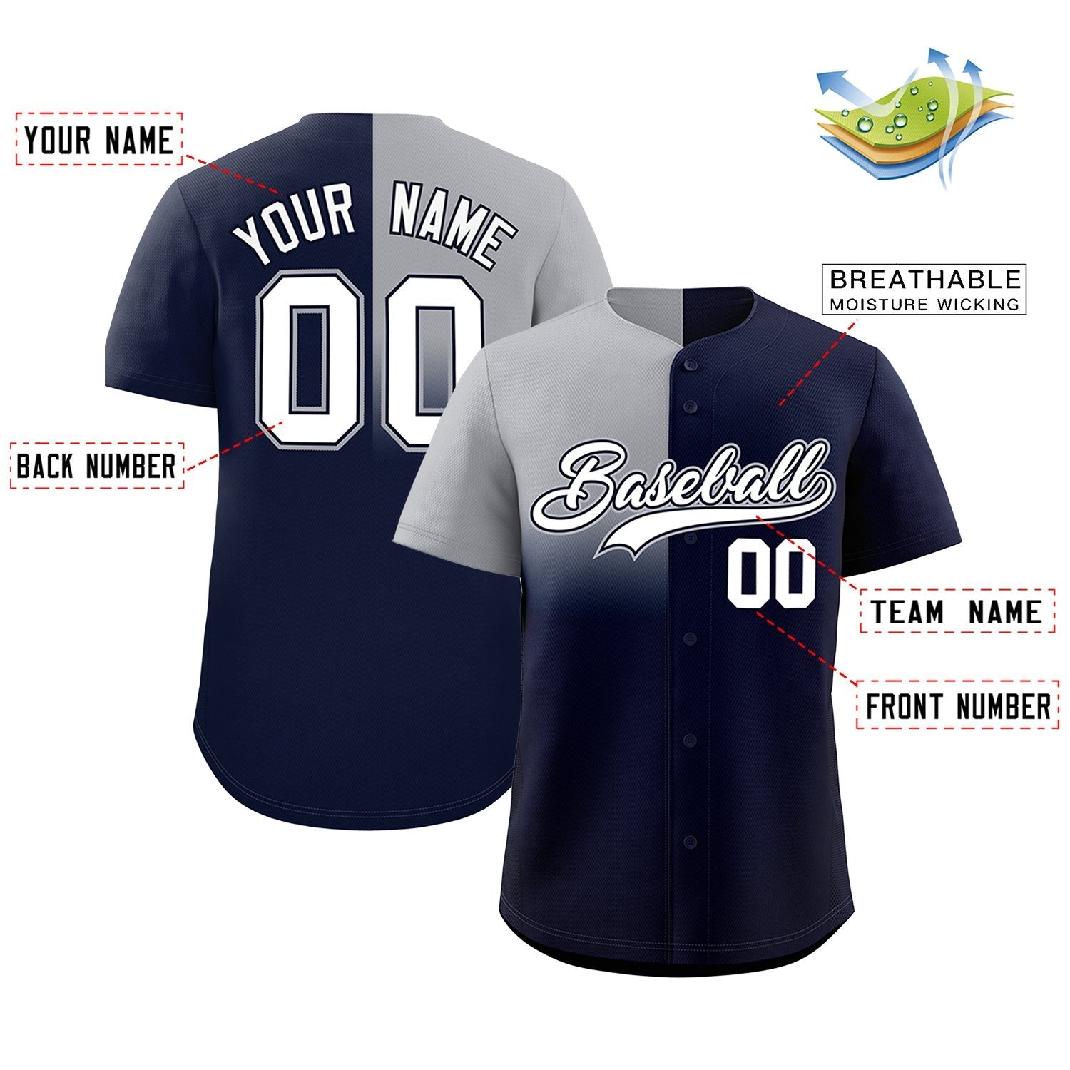 Custom Navy Gray Personalized Half Gradient Design Authentic Baseball Jersey