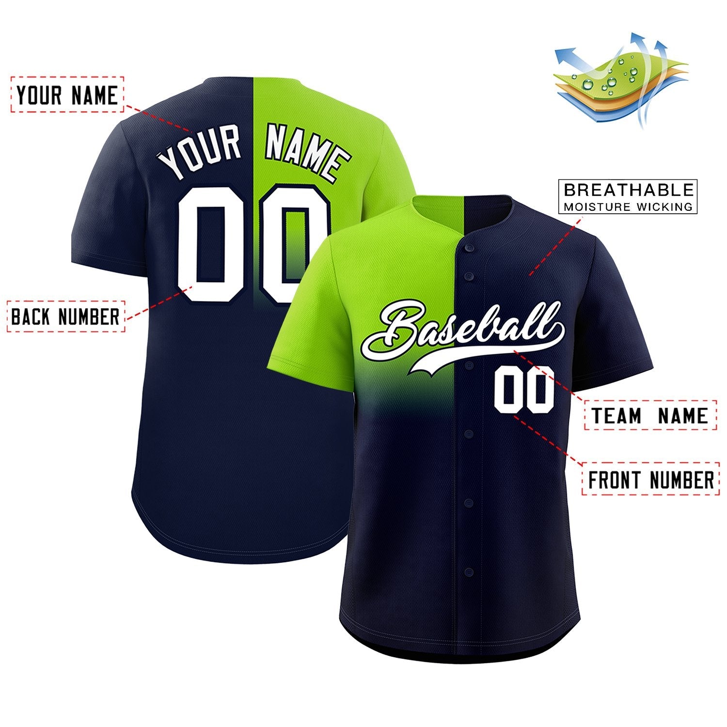 Custom Navy Neon Green Personalized Half Gradient Design Authentic Baseball Jersey