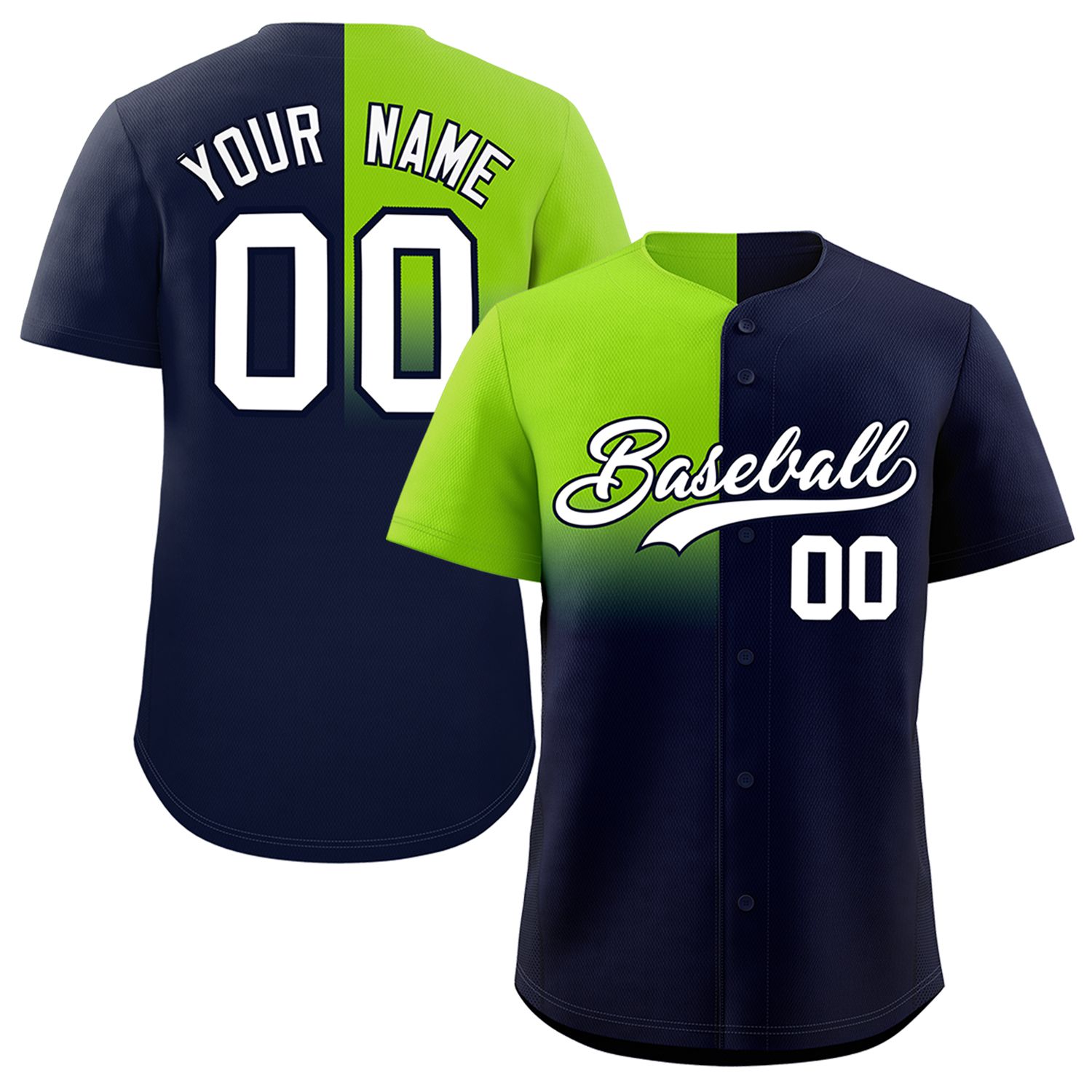 Custom Navy Neon Green Personalized Half Gradient Design Authentic Baseball Jersey