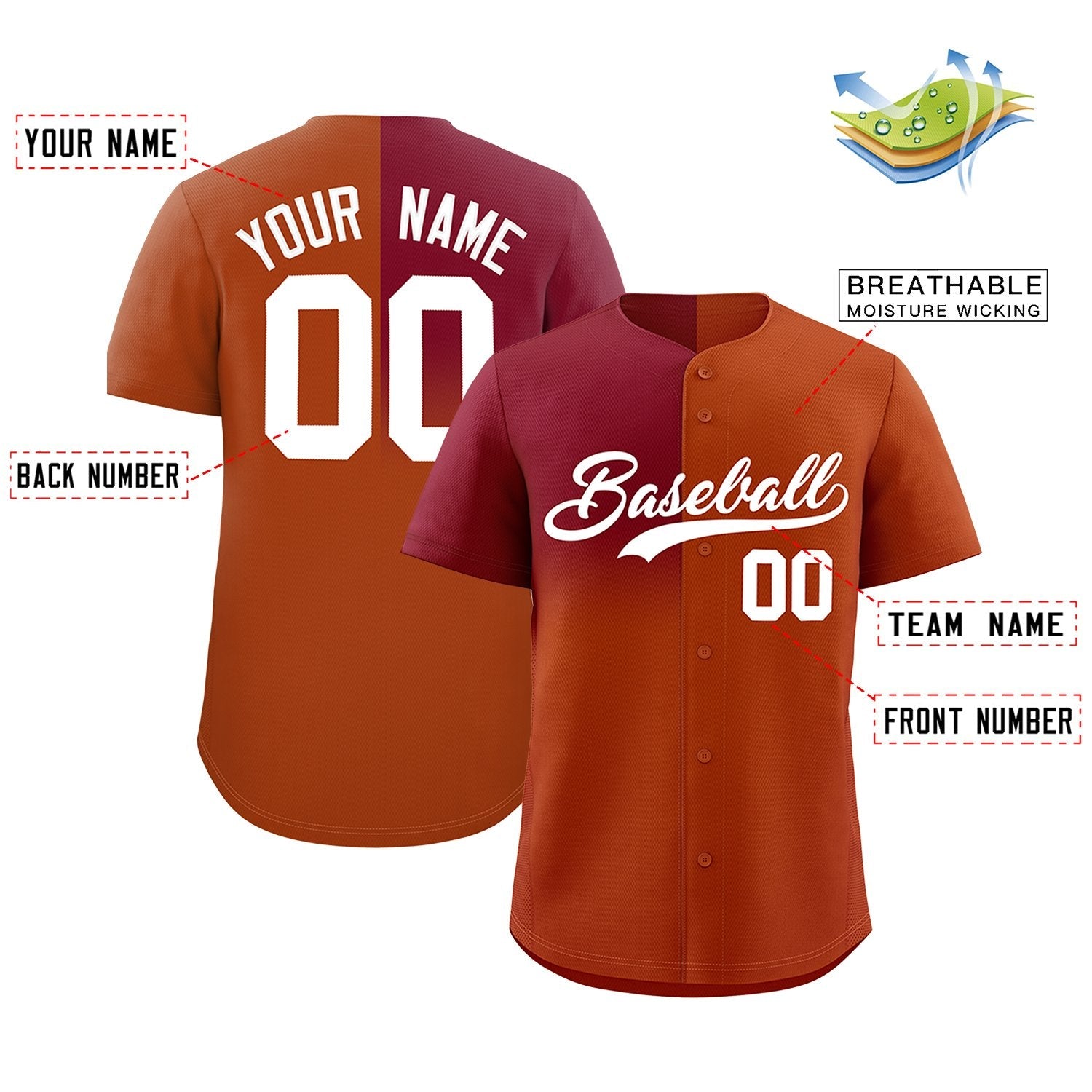 Custom Texas Orange Crimson Personalized Half Gradient Design Authentic Baseball Jersey