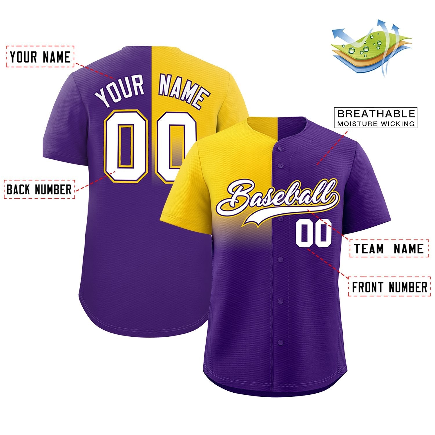 Custom Purple Gold Personalized Half Gradient Design Authentic Baseball Jersey