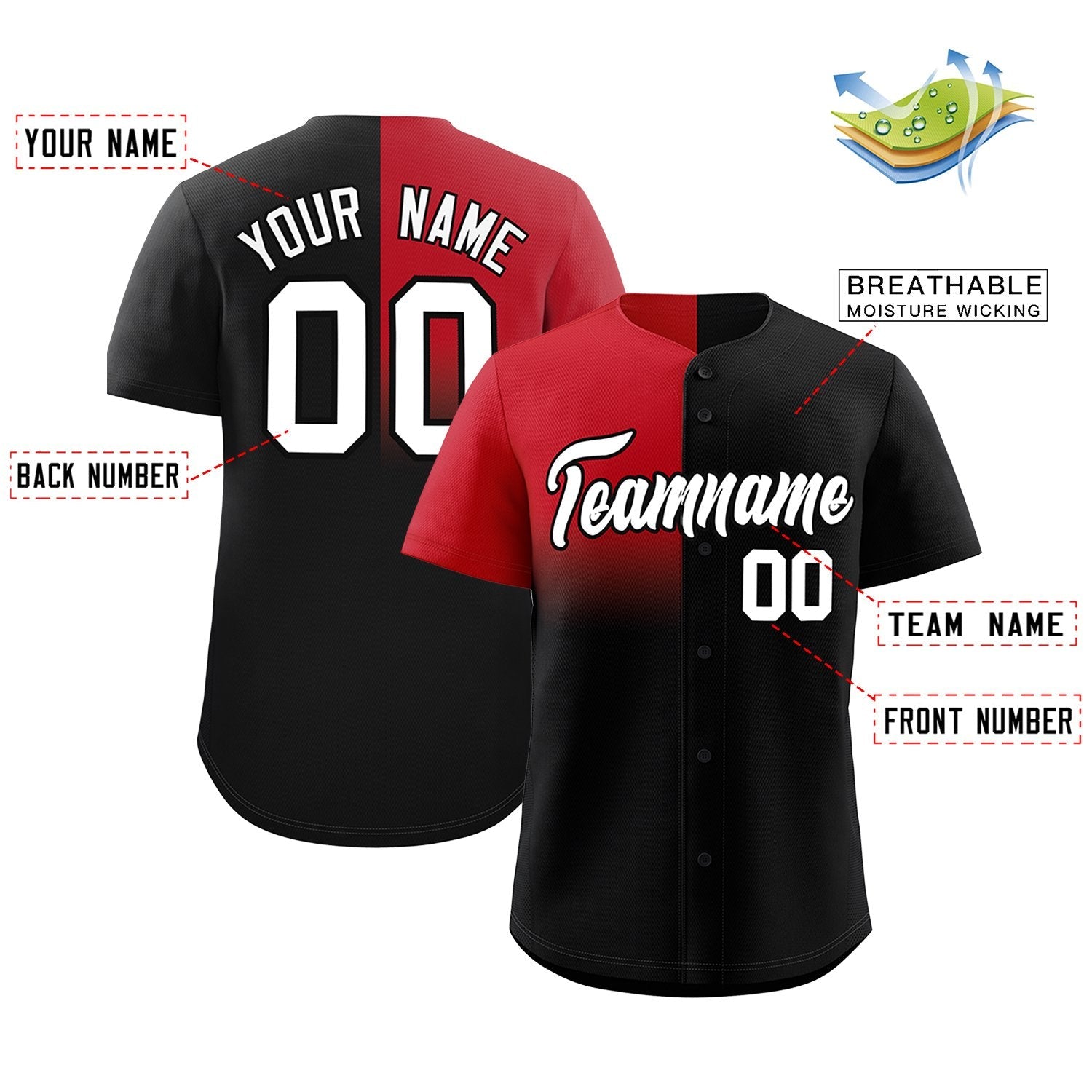 Custom Black Red Personalized Half Gradient Design Authentic Baseball Jersey