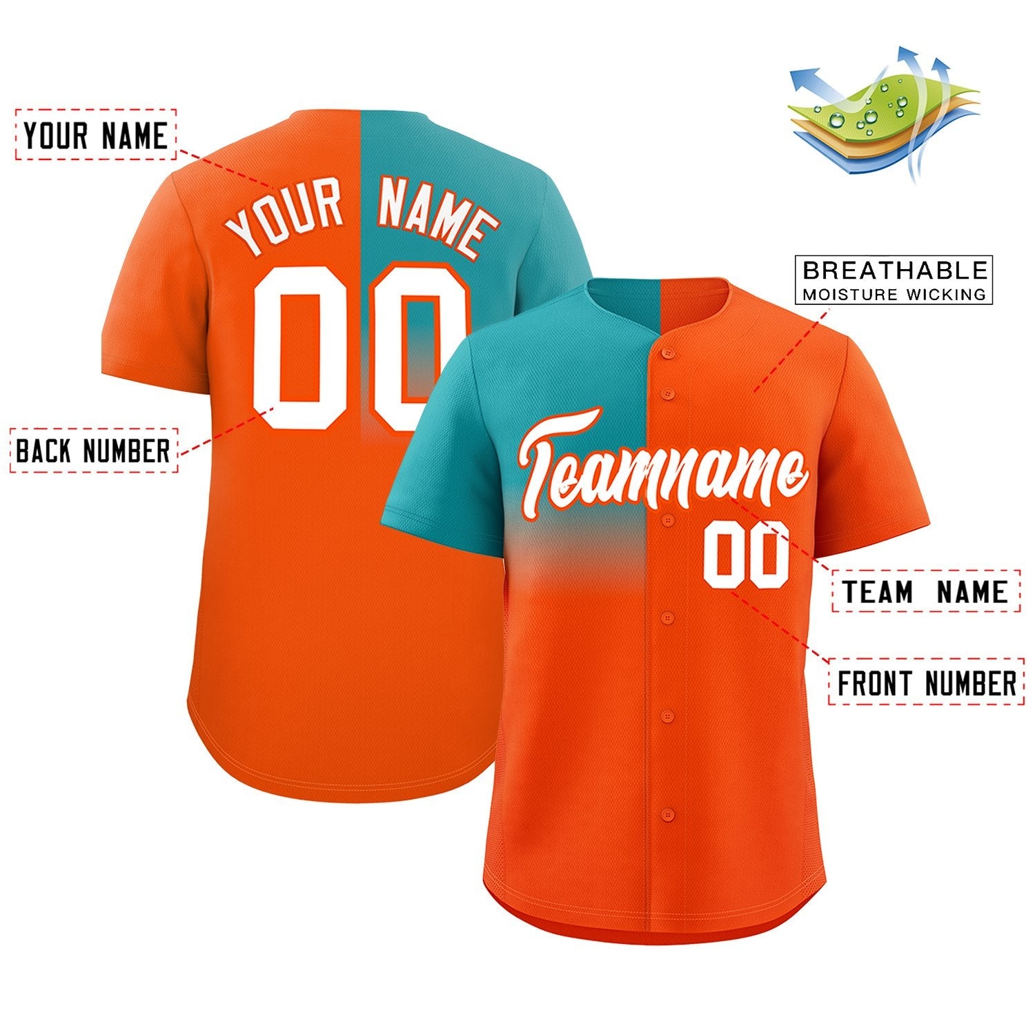 Custom Orange Aqua Personalized Half Gradient Design Authentic Baseball Jersey