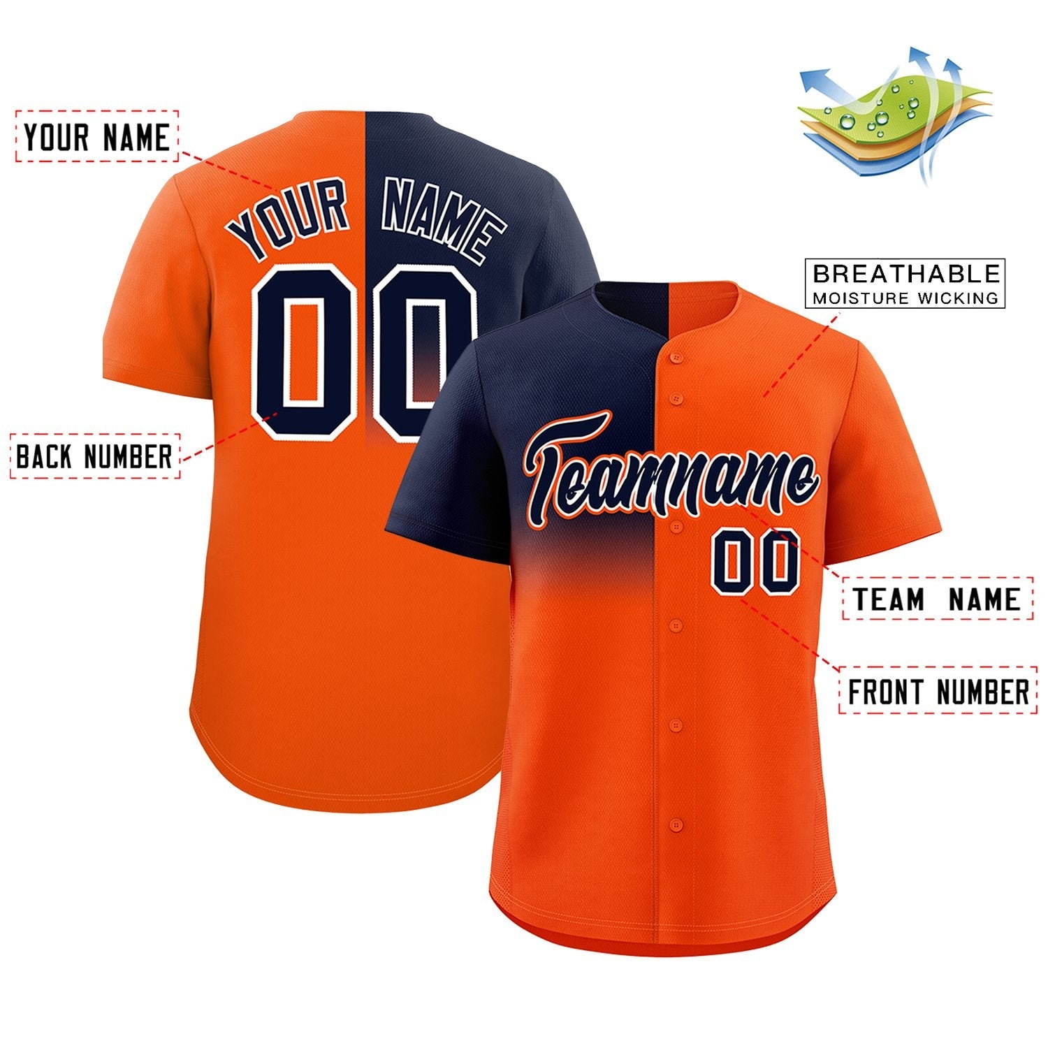 Custom Orange Navy Personalized Half Gradient Design Authentic Baseball Jersey