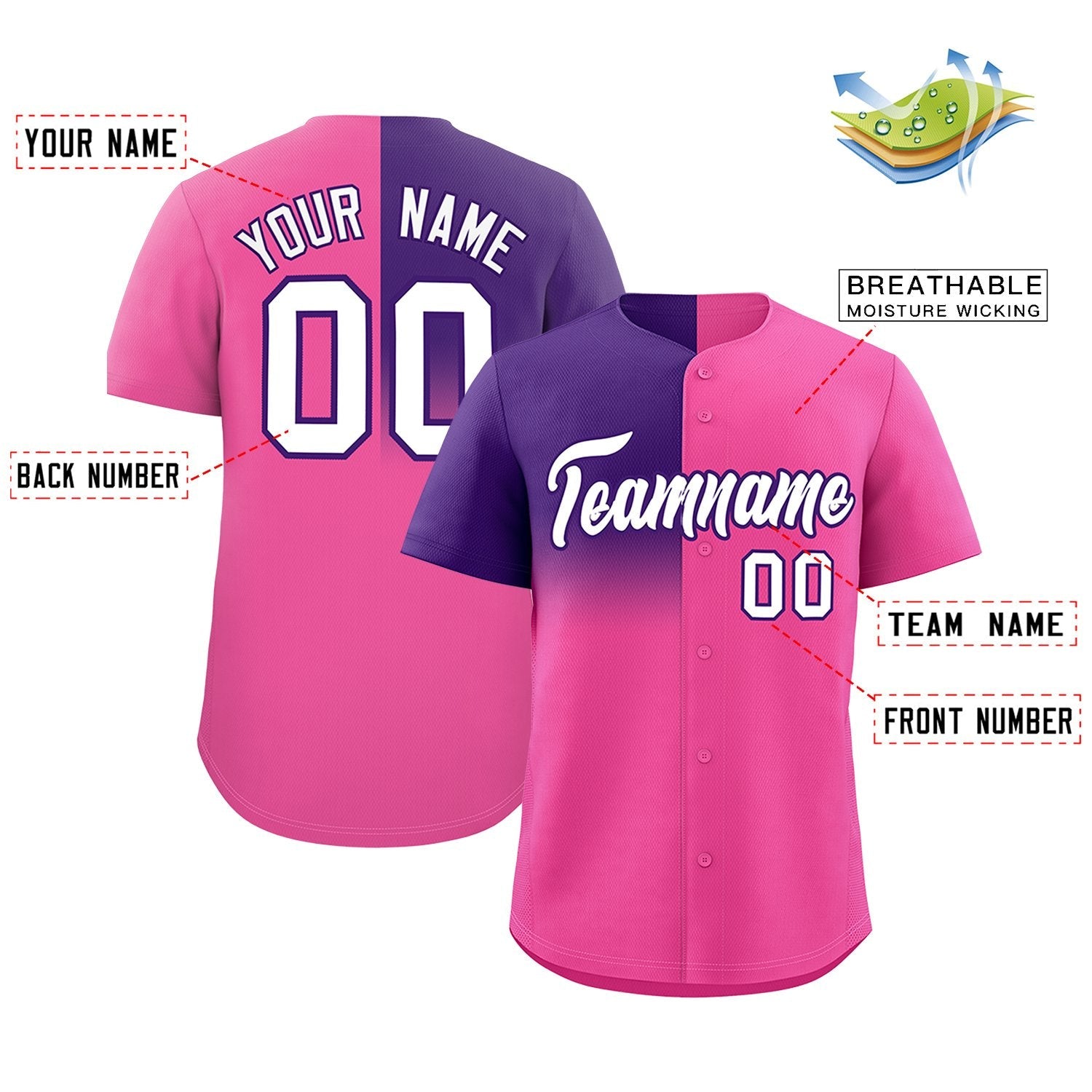 Custom Pink Purple Personalized Half Gradient Design Authentic Baseball Jersey