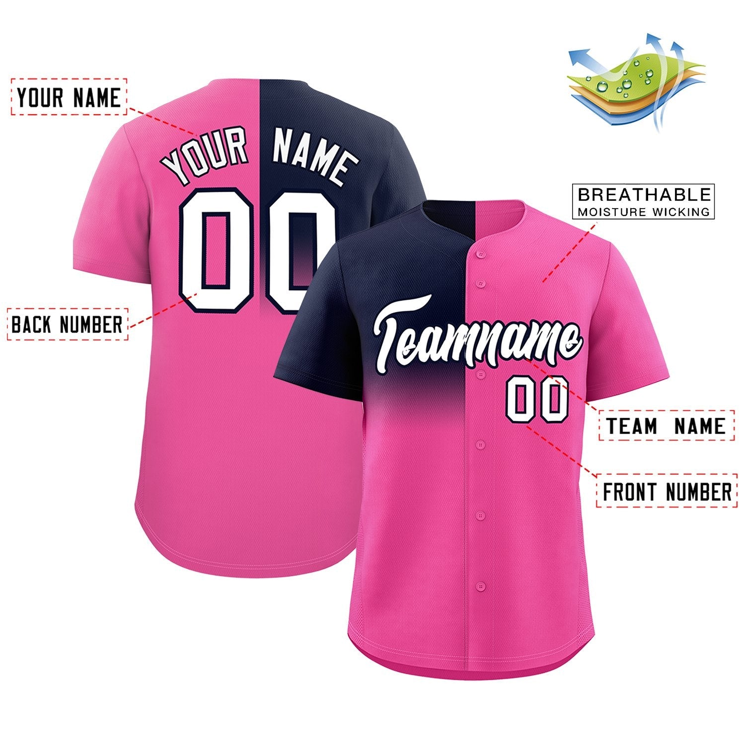 Custom Pink Navy Personalized Half Gradient Design Authentic Baseball Jersey