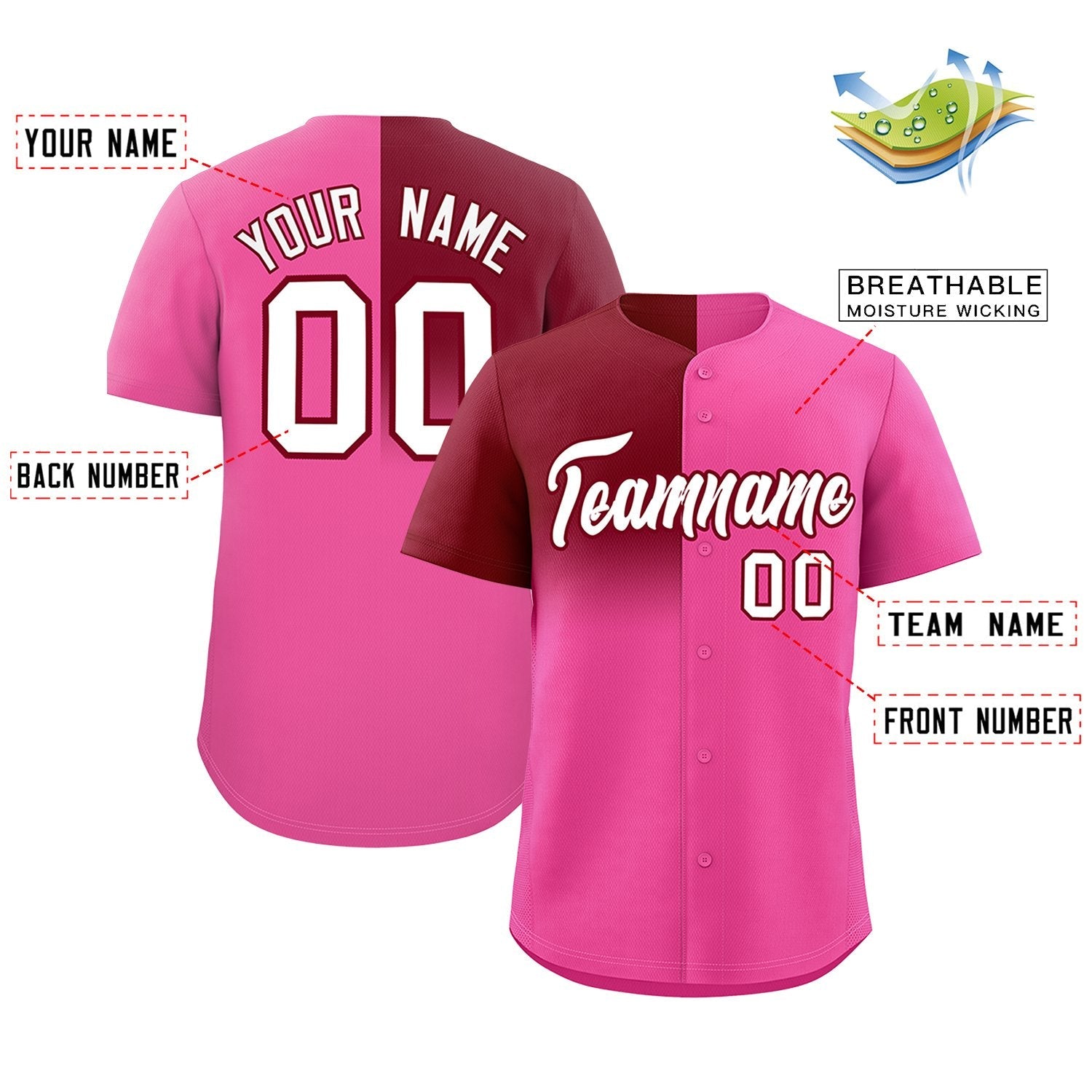 Custom Pink Crimson Personalized Half Gradient Design Authentic Baseball Jersey