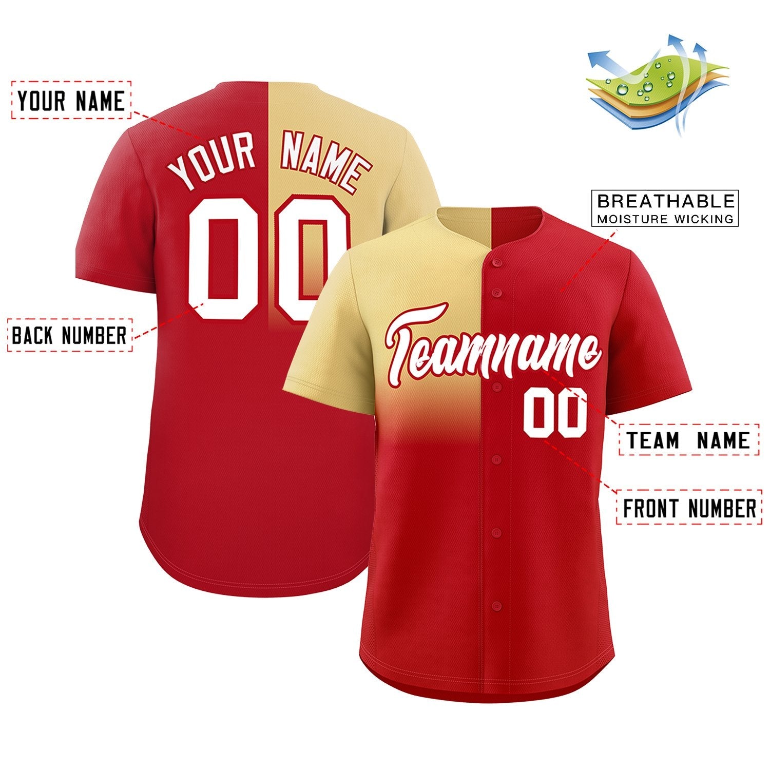 Custom Red Khaki Personalized Half Gradient Design Authentic Baseball Jersey