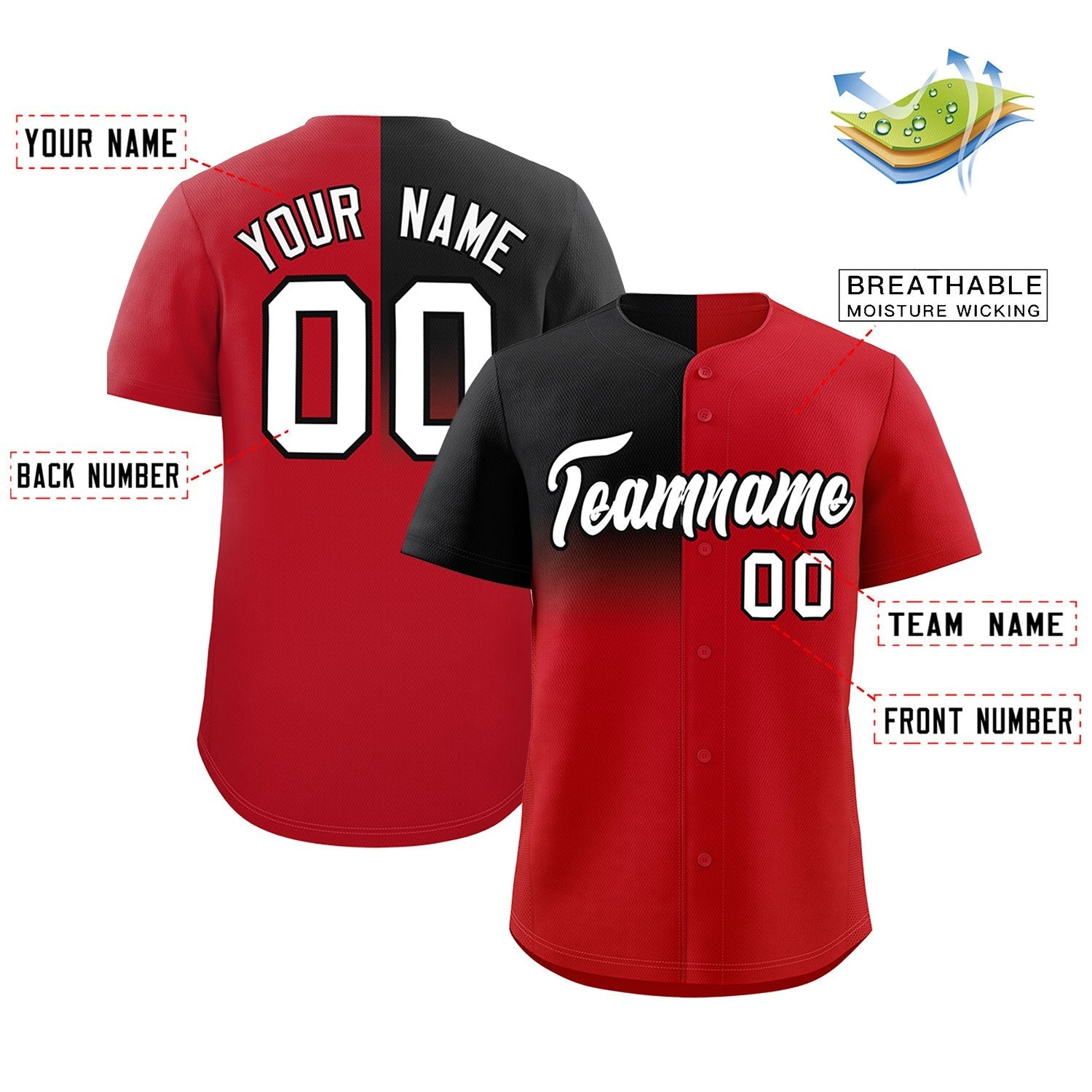 Custom Red Black Personalized Half Gradient Design Authentic Baseball Jersey