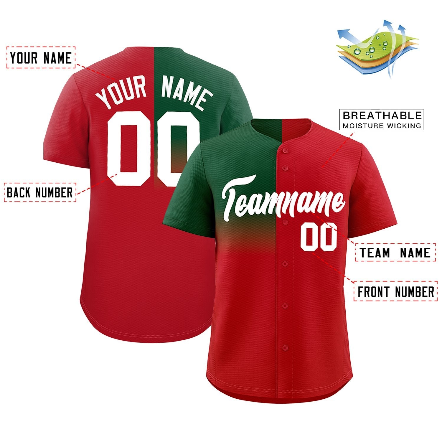 Custom Red Green Personalized Half Gradient Design Authentic Baseball Jersey