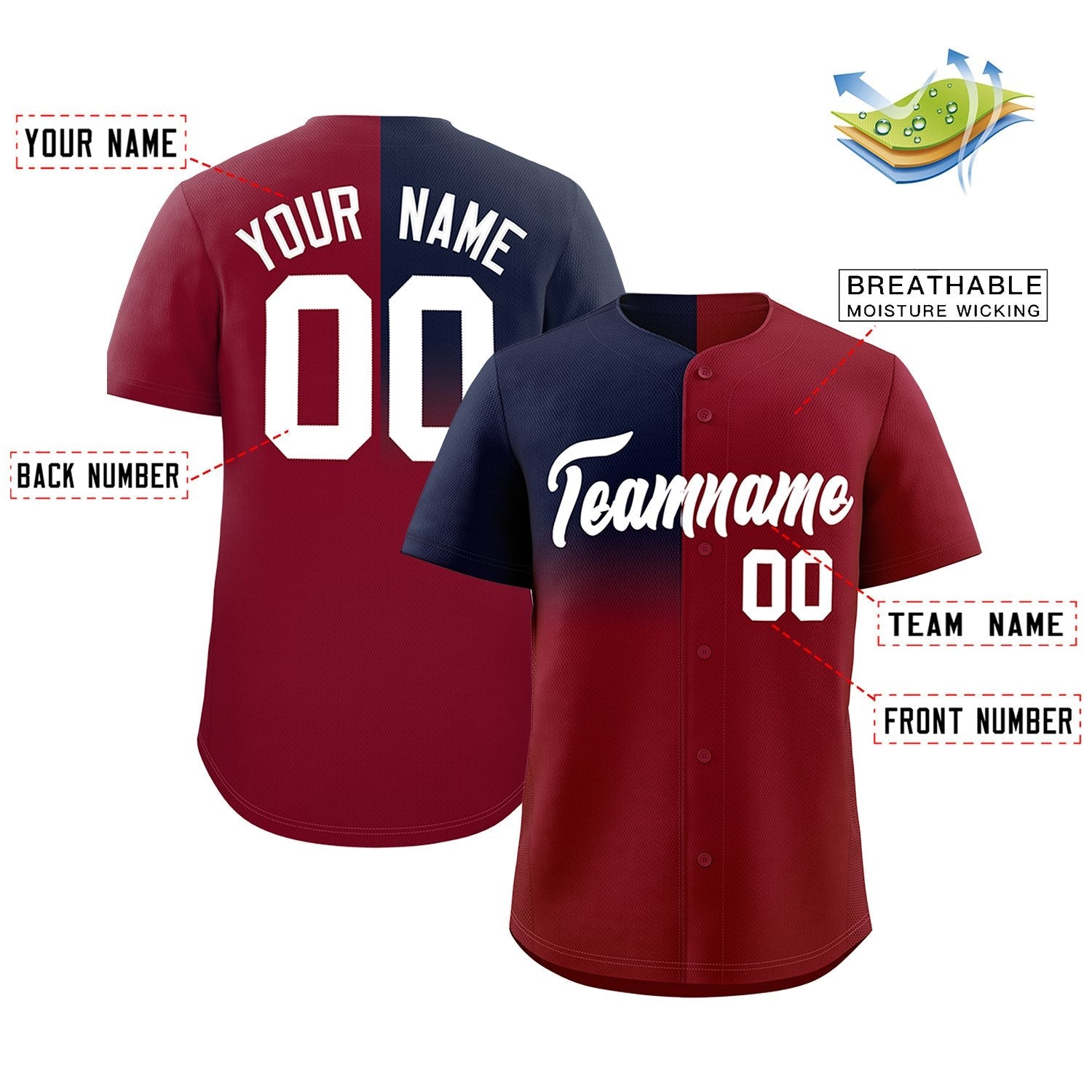 Custom Crimson Navy Personalized Half Gradient Design Authentic Baseball Jersey