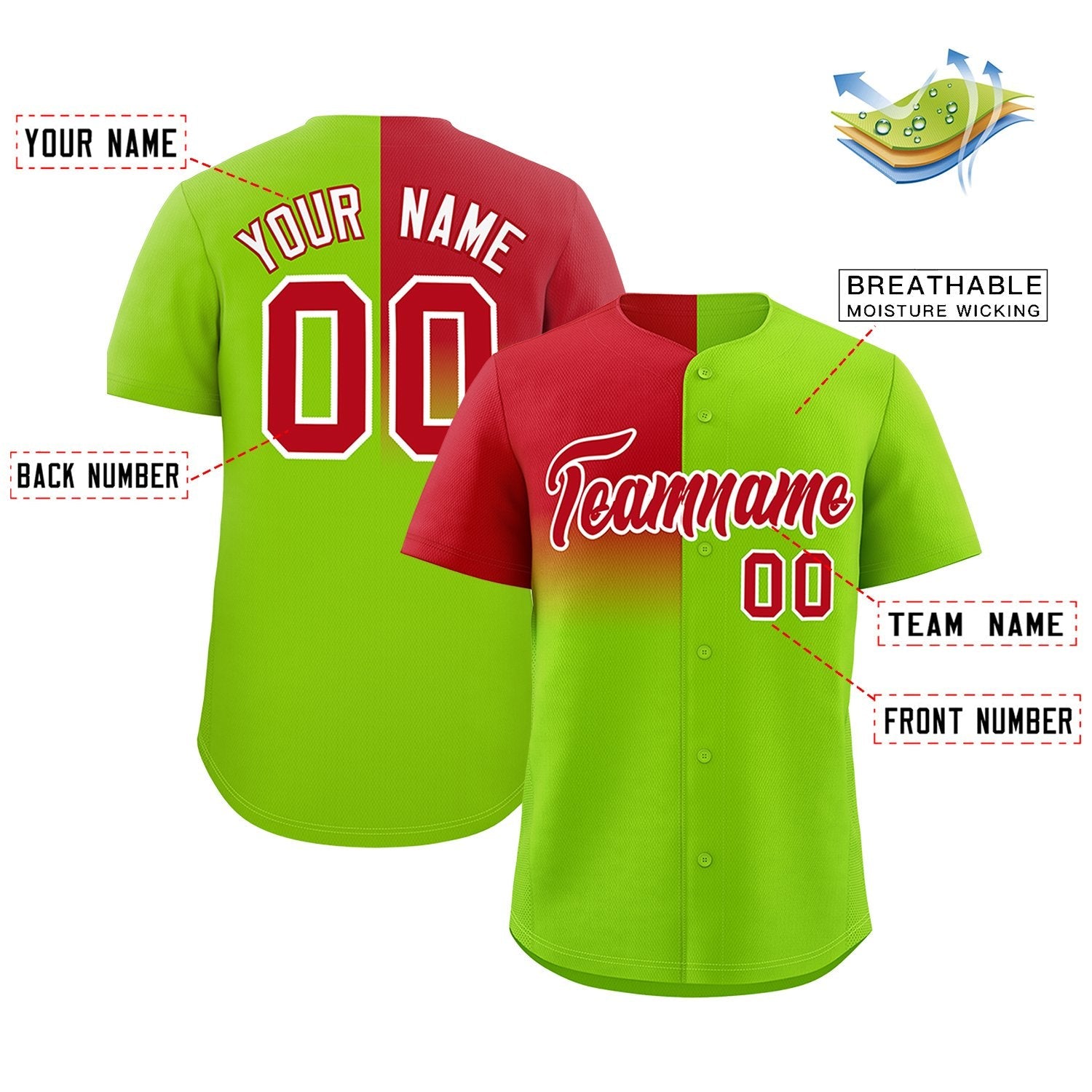 Custom Neon Green Red Personalized Half Gradient Design Authentic Baseball Jersey