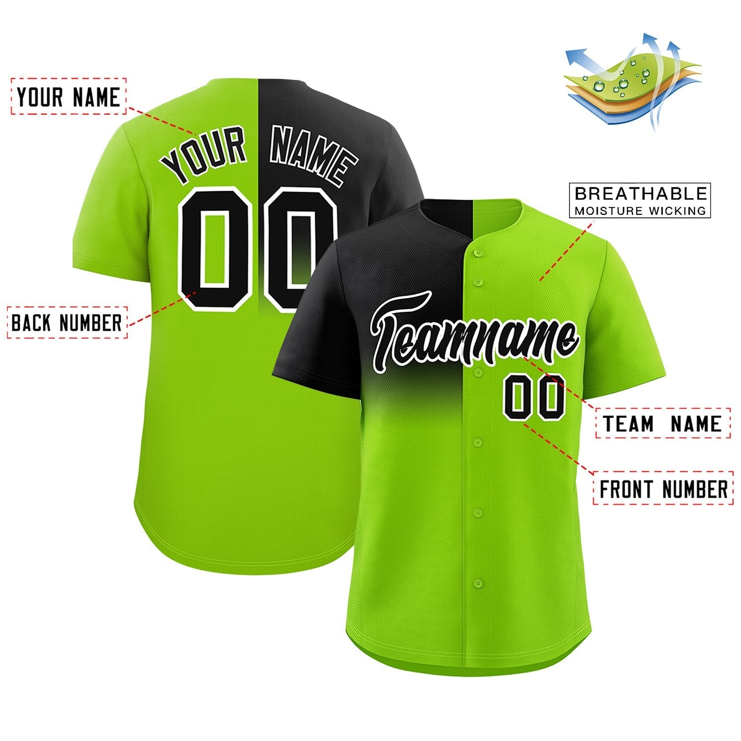 Custom Neon Green Black Personalized Half Gradient Design Authentic Baseball Jersey